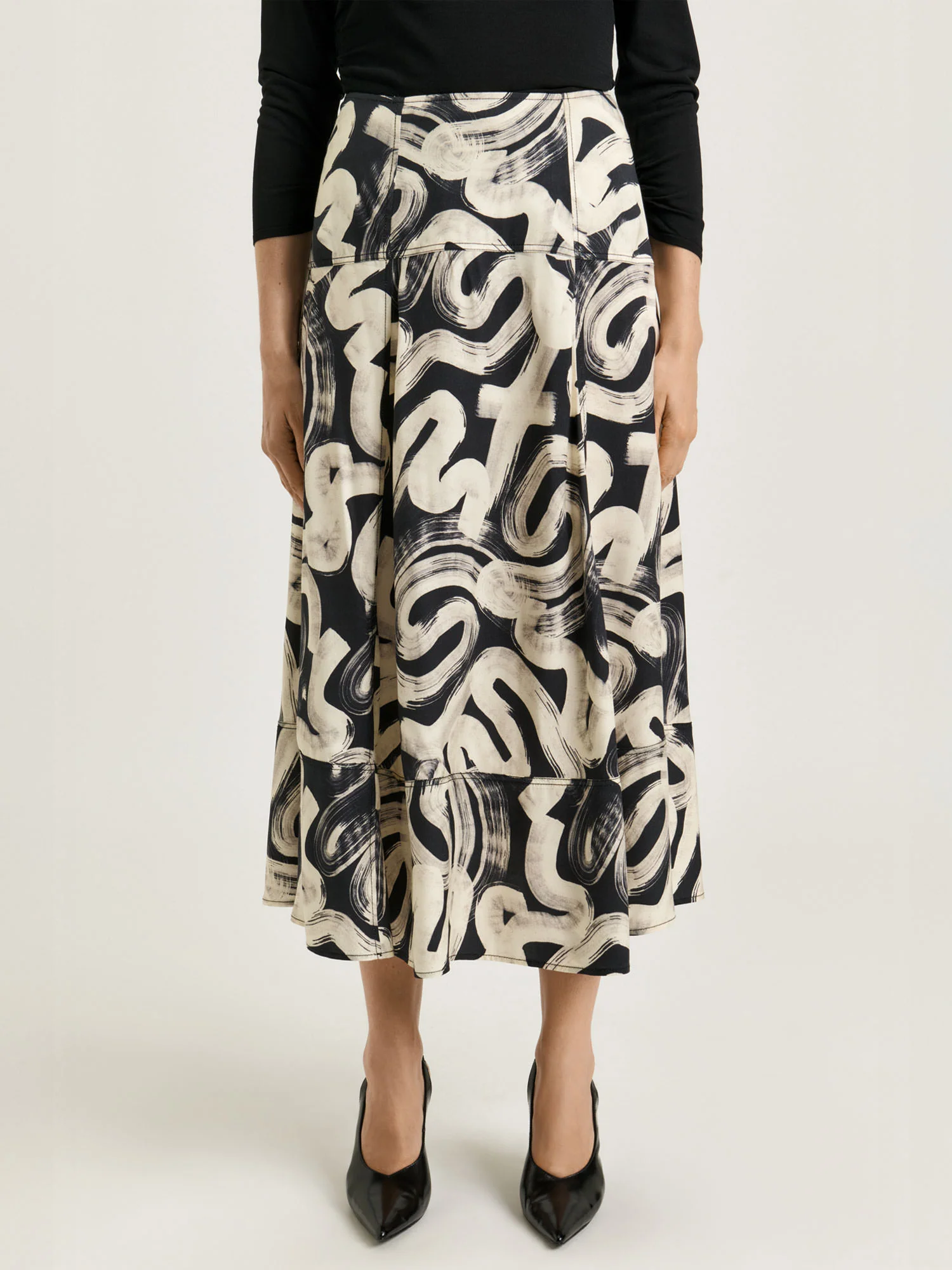 BLACK ABSTRACT BRUSH MIDI SKIRT - Image 2