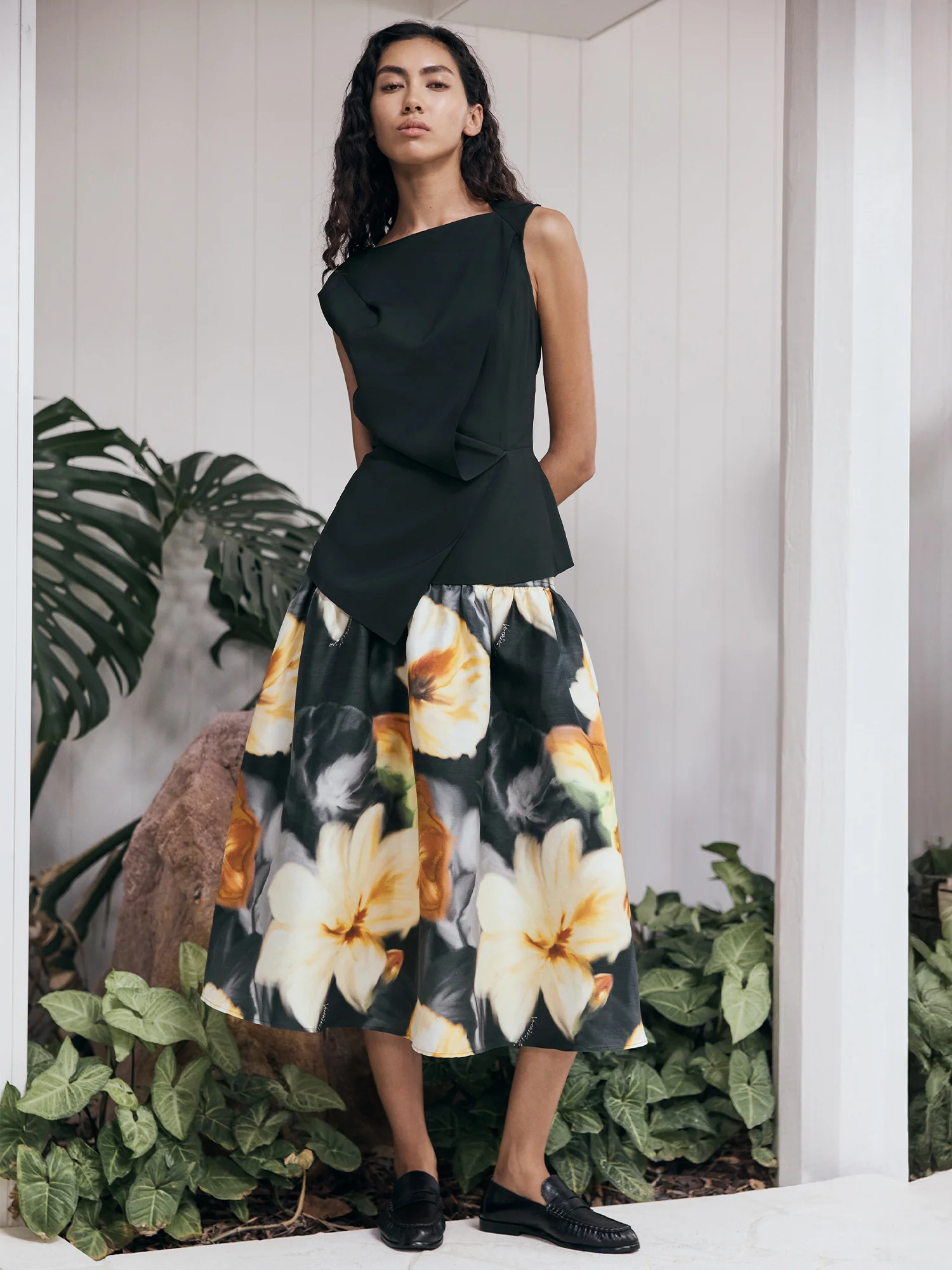 BOTANICAL FLORAL GATHERED MIDI SKIRT - Image 6