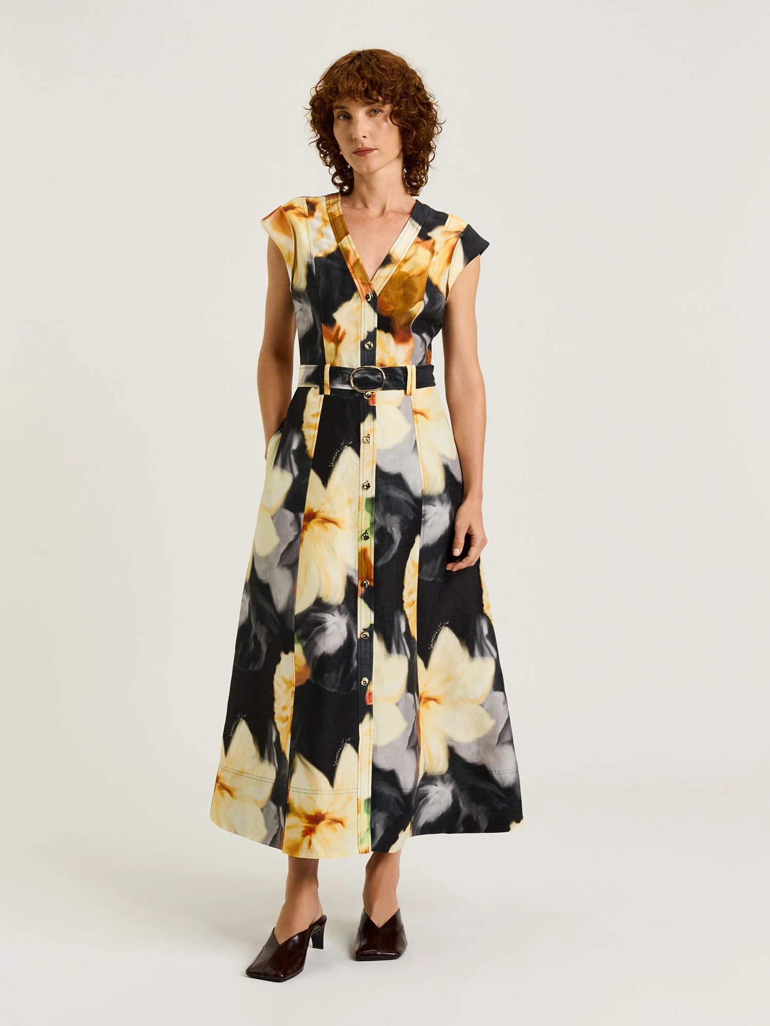 BOTANICAL FLORAL V NECK MIDI DRESS
