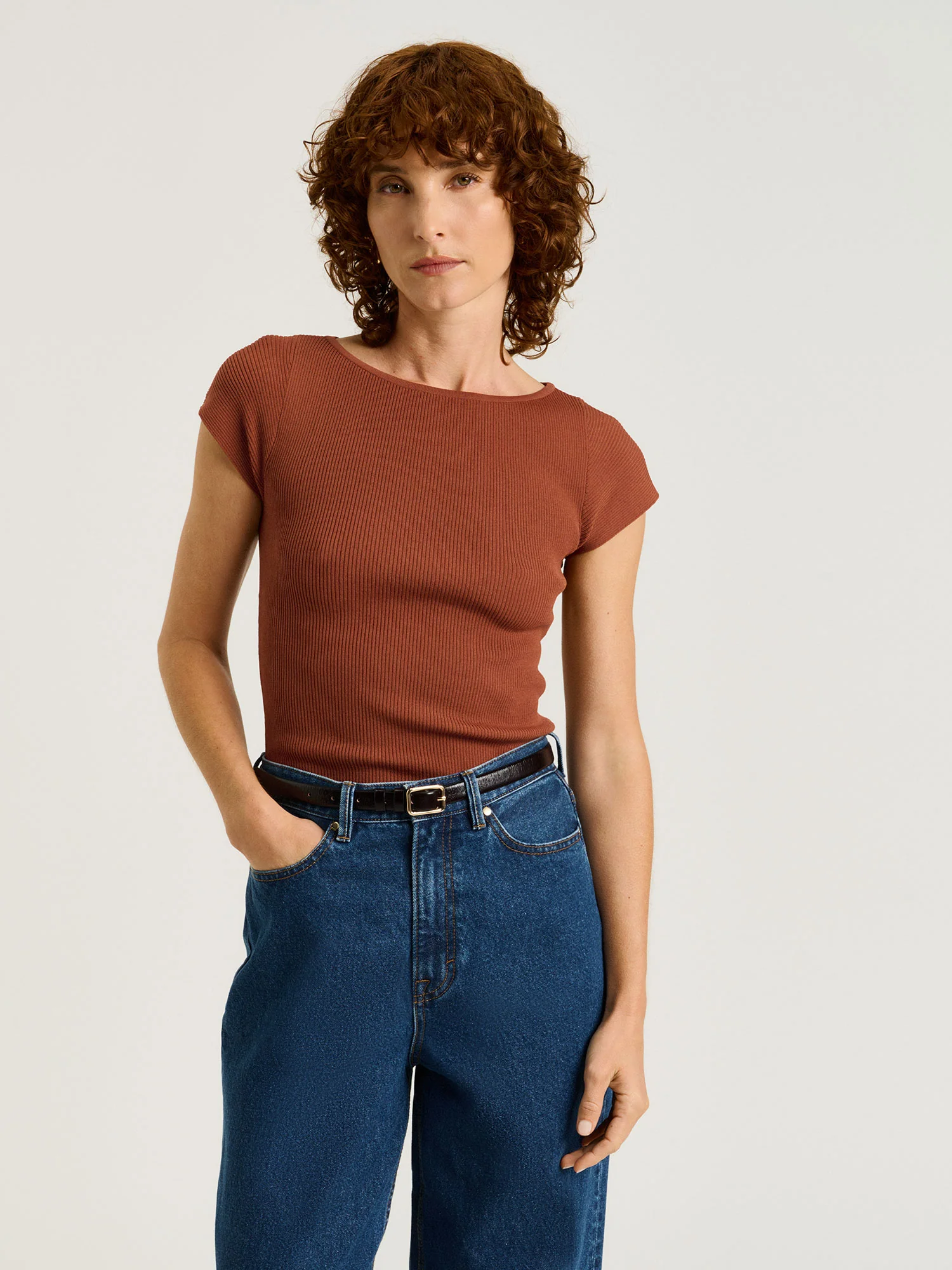 BRONZE RIBBED CAP SLEEVE BOAT NECK KNIT