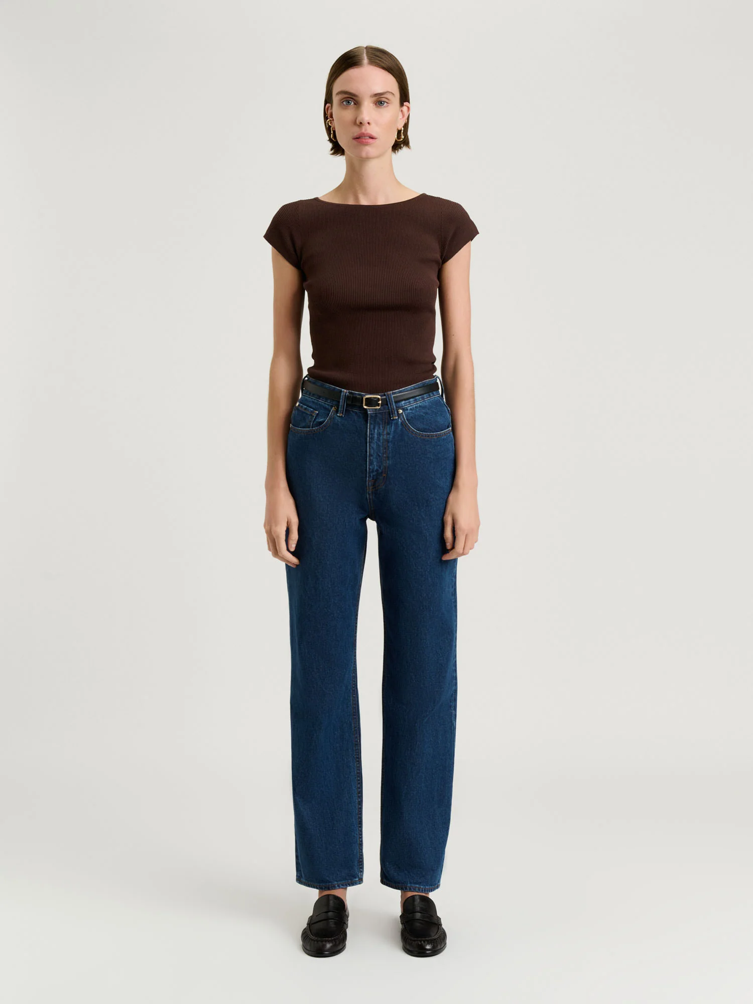CHOCOLATE RIBBED CAP SLEEVE BOAT NECK KNIT