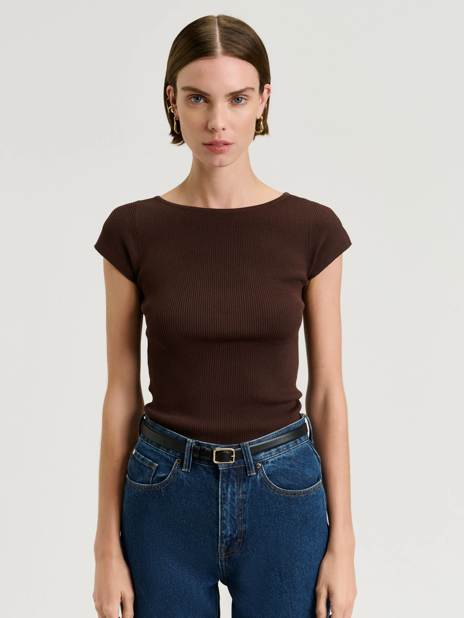 CHOCOLATE RIBBED CAP SLEEVE BOAT NECK KNIT - Image 2