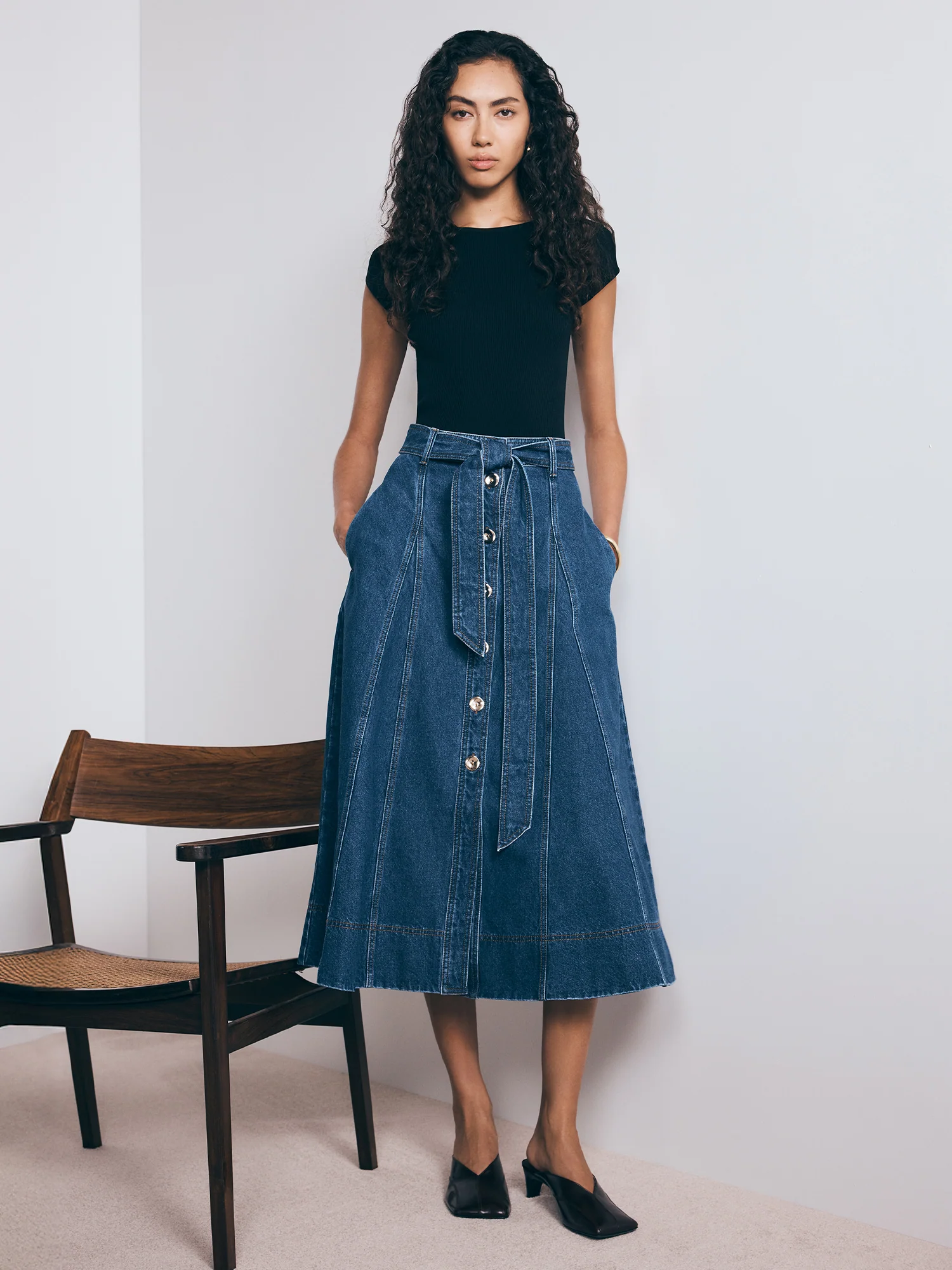 COTTON DENIM BELTED MIDI SKIRT - Image 6