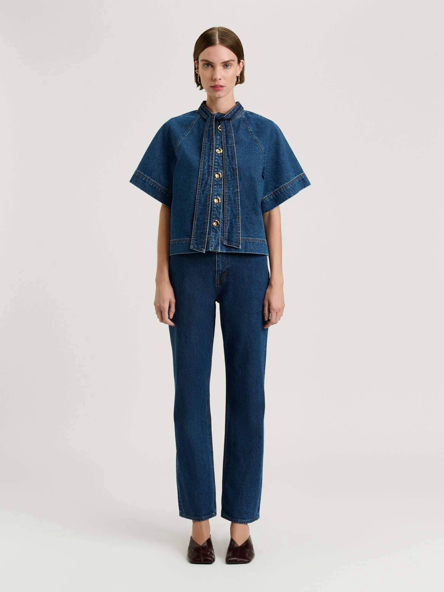COTTON DENIM TIE NECK SHIRT - Image 3