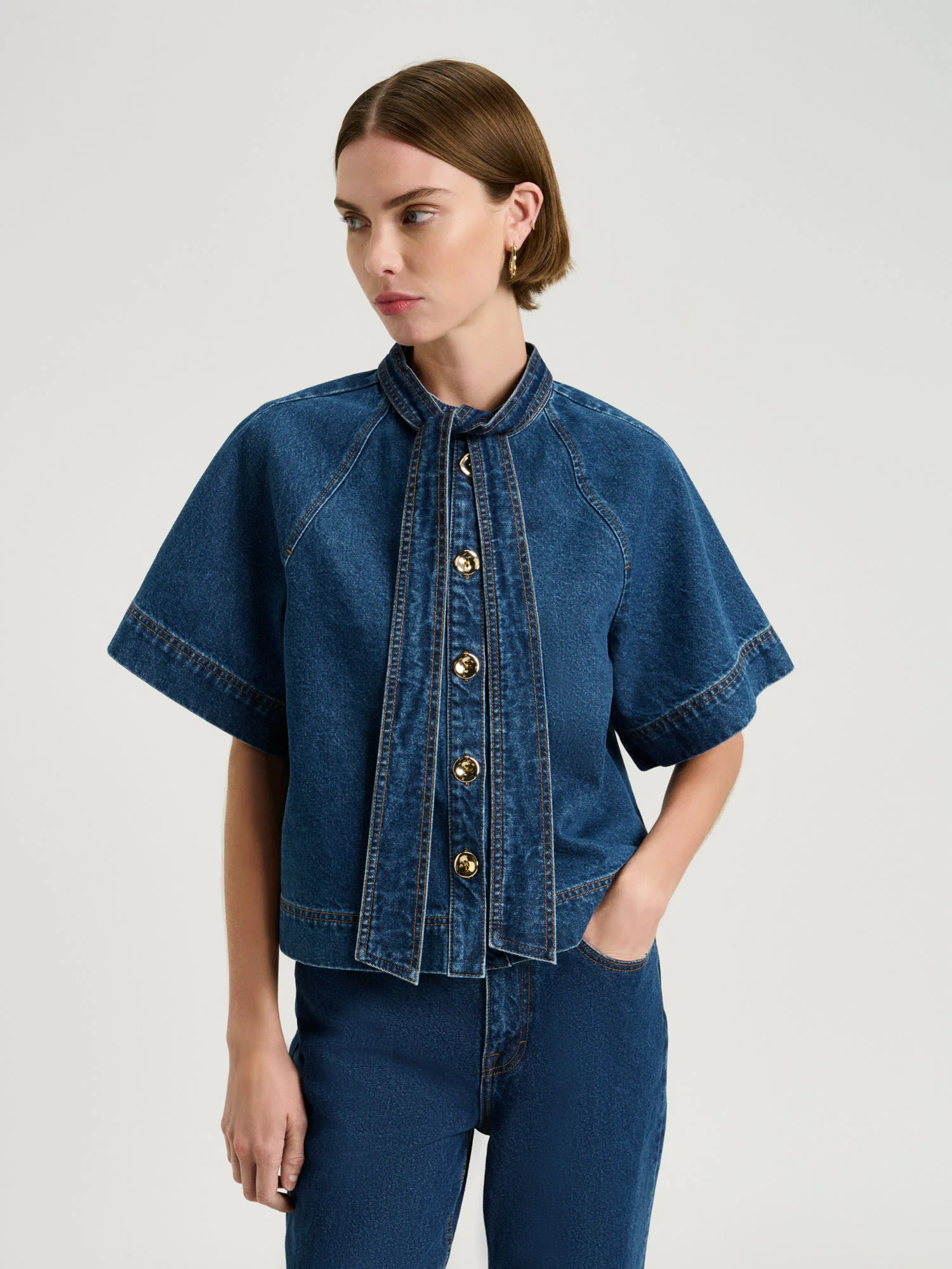 COTTON DENIM TIE NECK SHIRT - Image 4