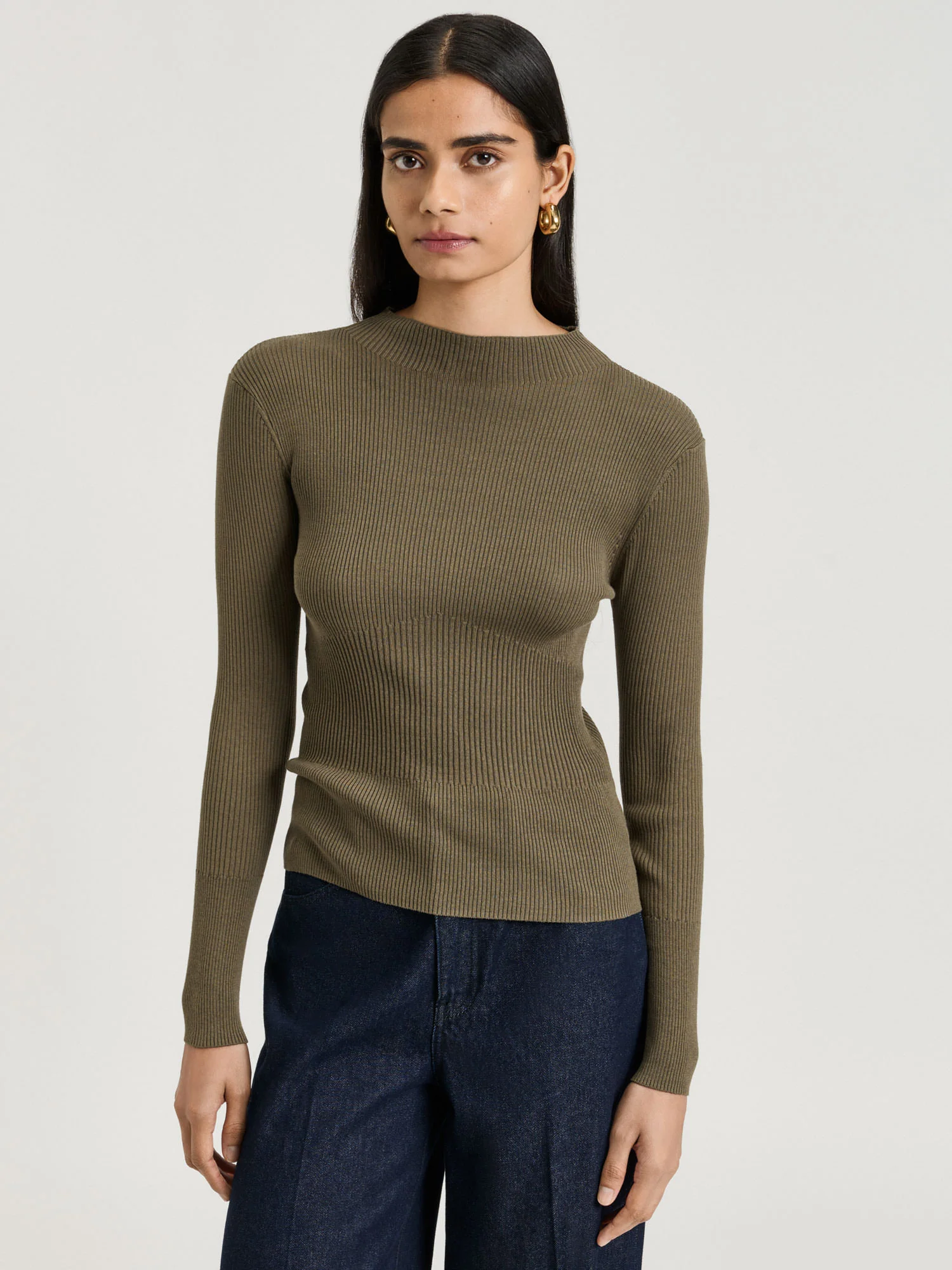 COTTON SILK BLEND MOCK NECK RIBBED KNIT TOP - Image 5