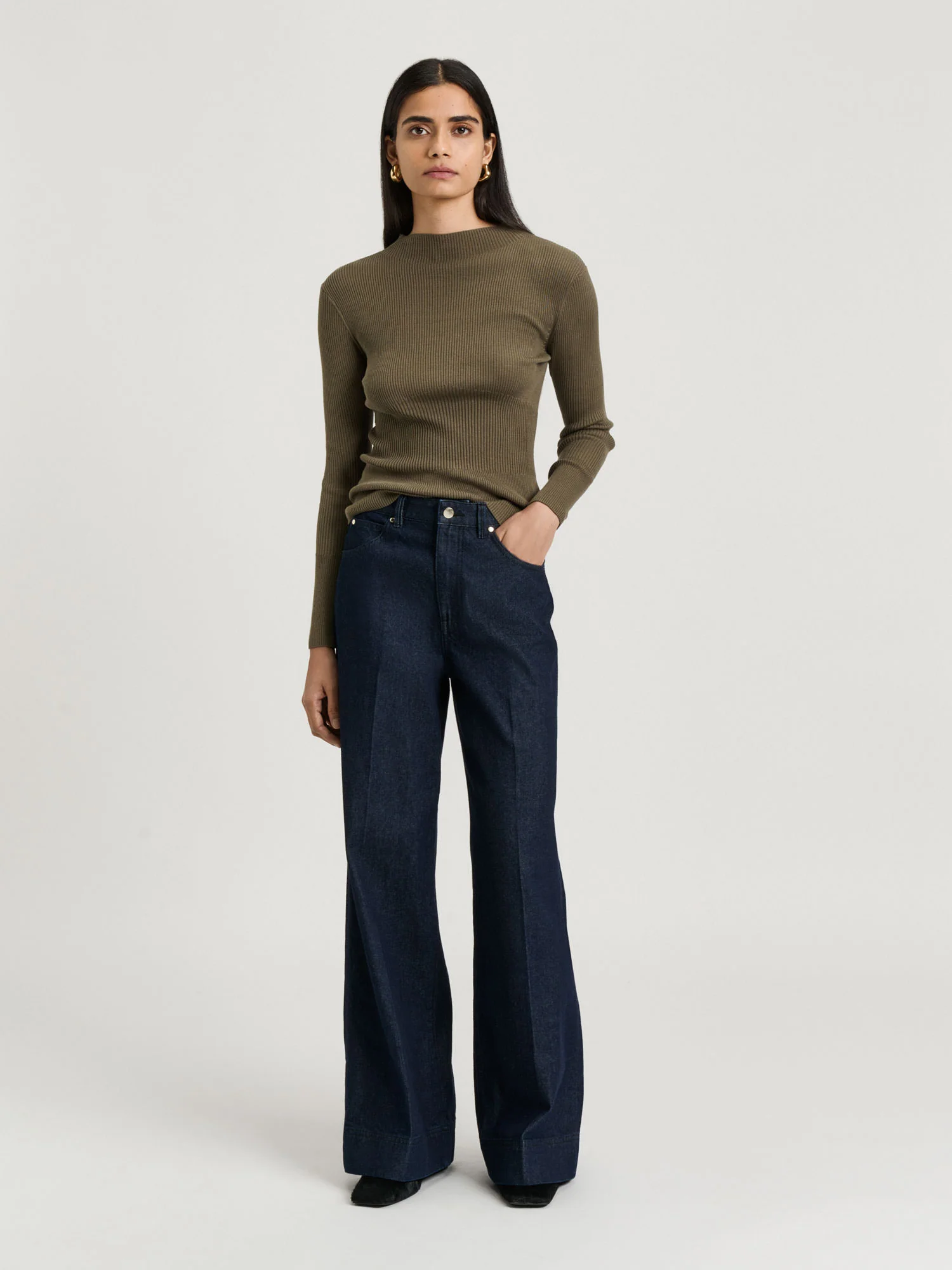COTTON SILK BLEND MOCK NECK RIBBED KNIT TOP - Image 6