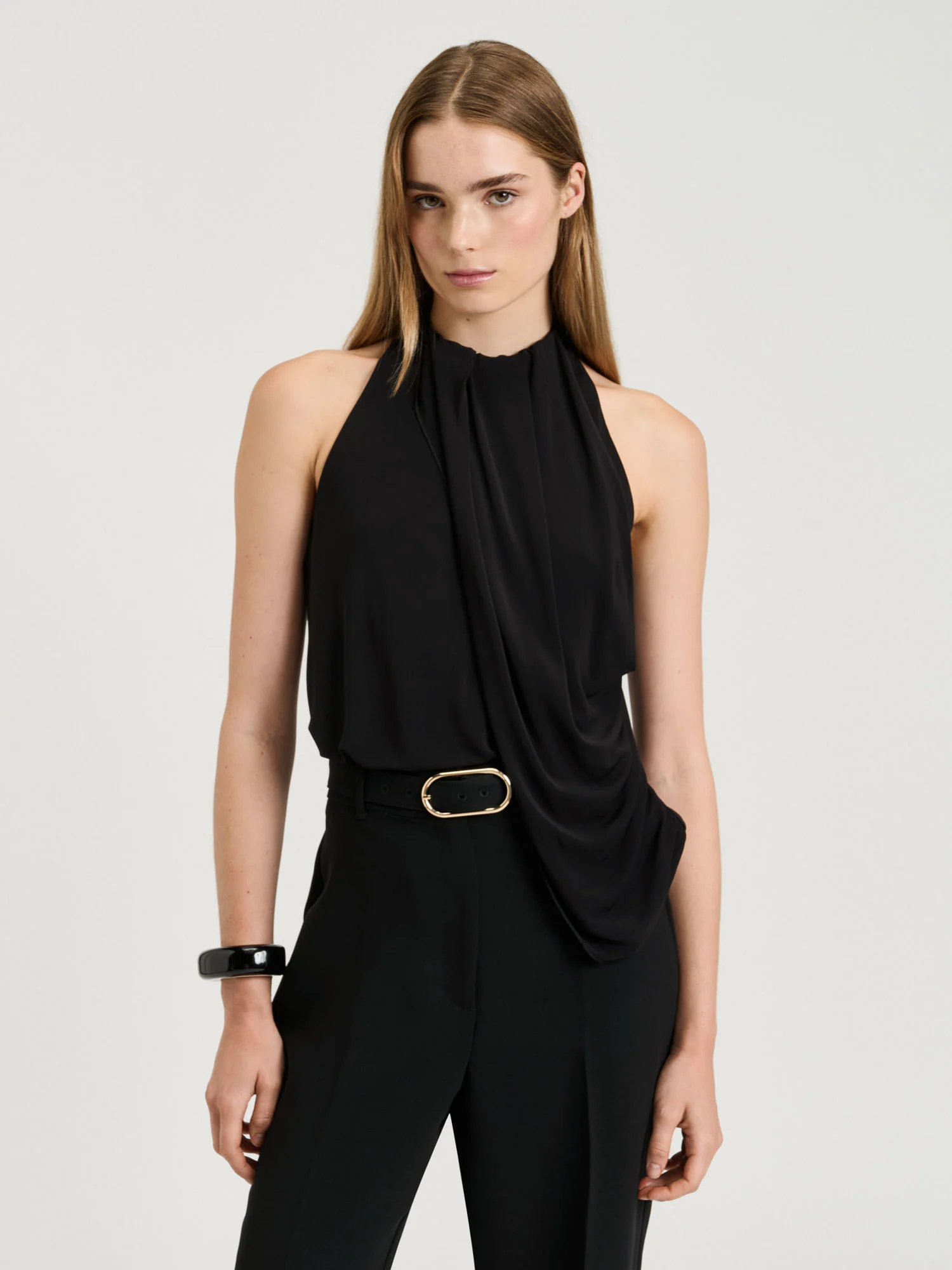 CREPE JERSEY DRAPED HALTER TOP