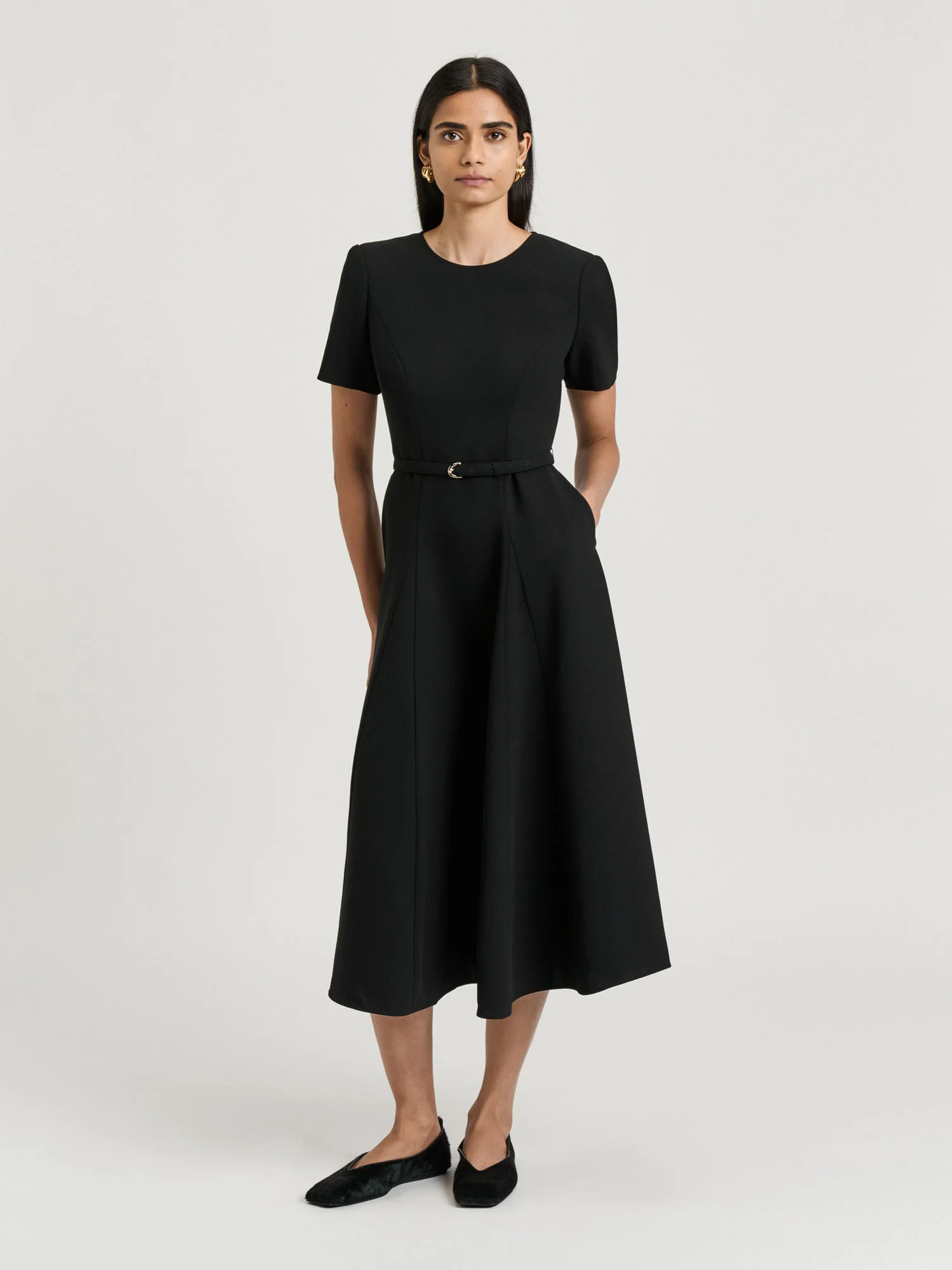 DOUBLE WEAVE FLARED MIDI DRESS