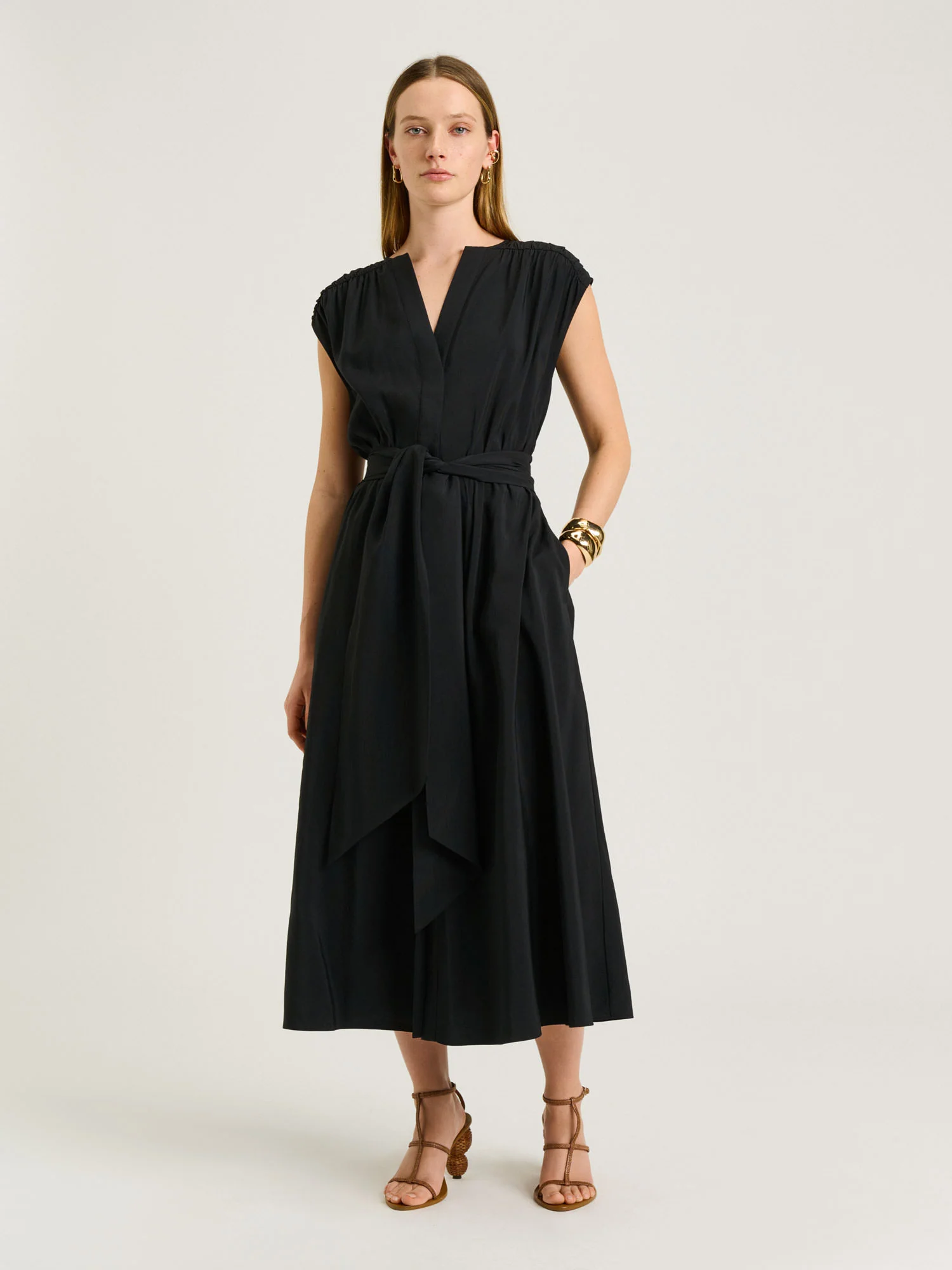 DRAPEY MODAL BLEND GATHERED TIE WAIST DRESS
