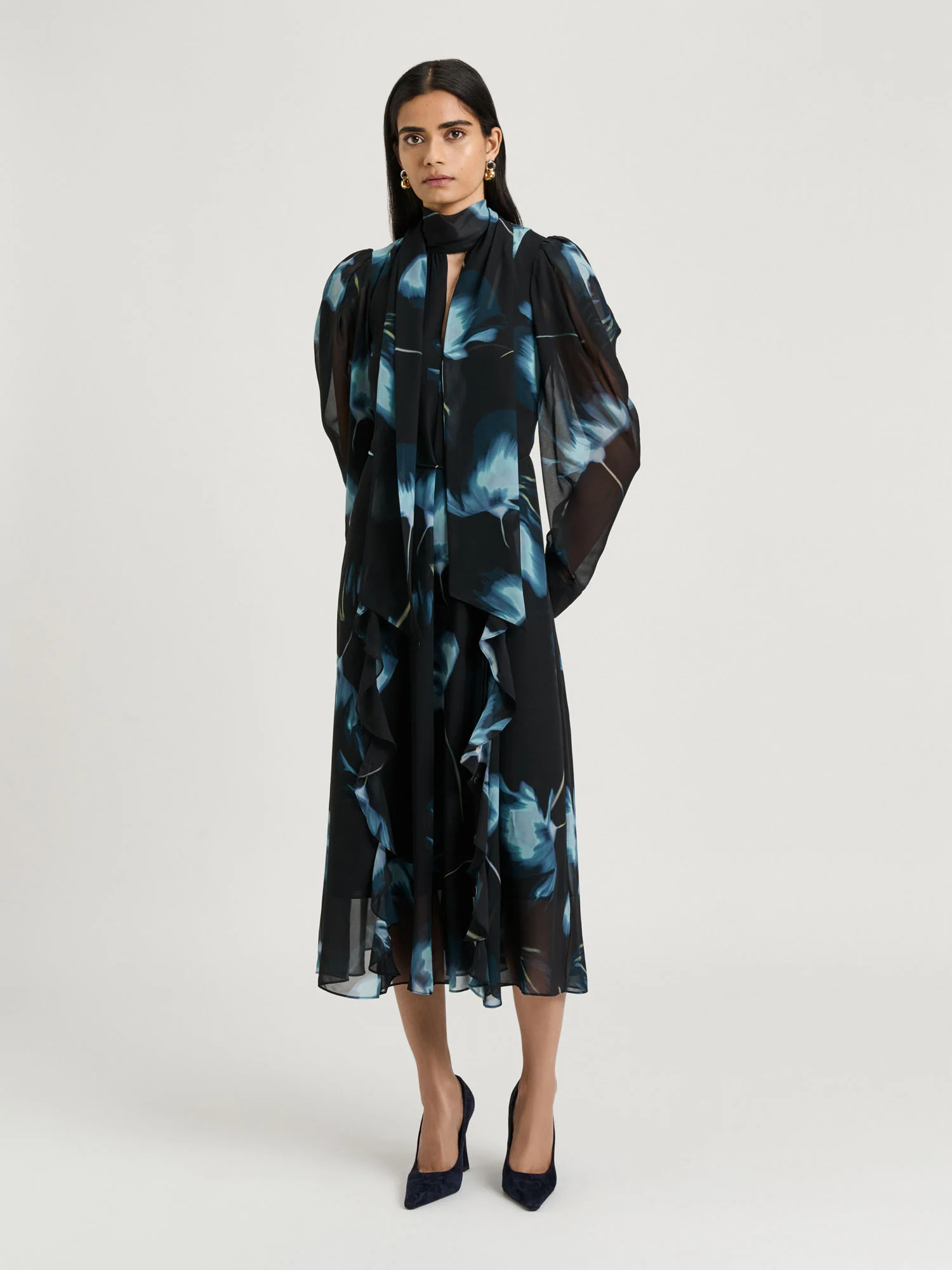 DUSK POPPIES GEORGETTE MIDI DRESS