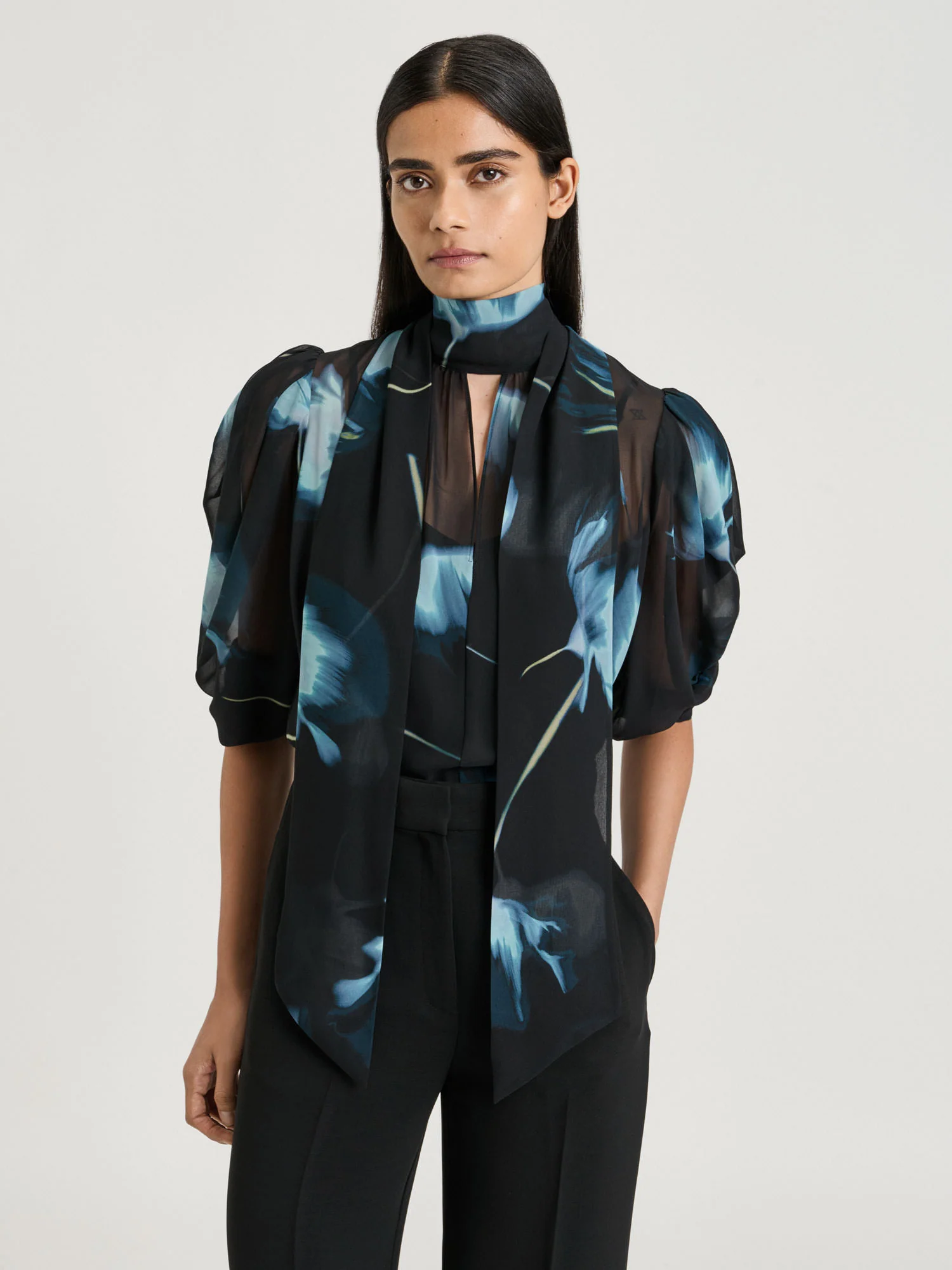 DUSK POPPIES GEORGETTE TIE BLOUSE - Image 2