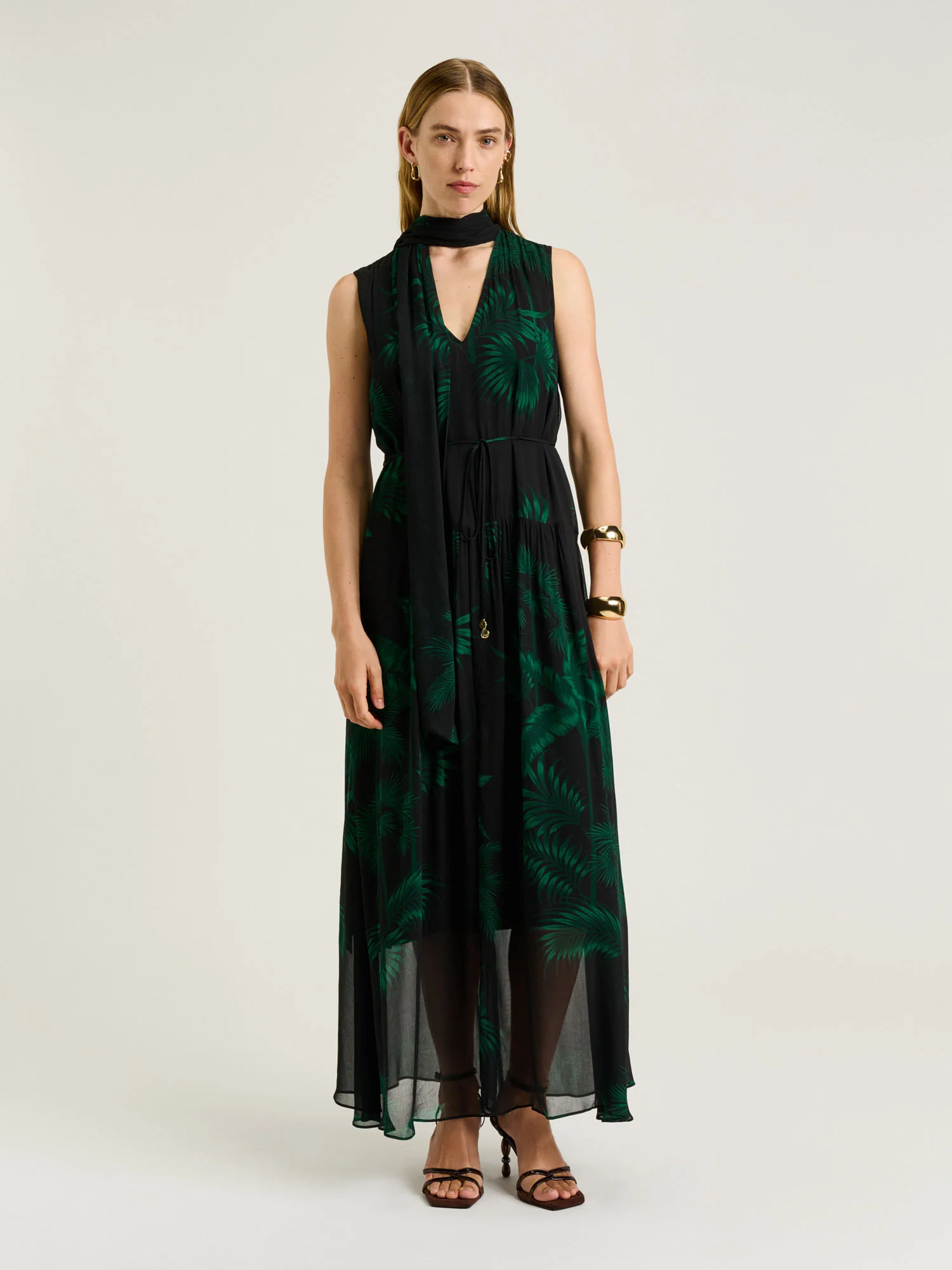 EMERALD PALM CRINKLE GEORGETTE MAXI DRESS