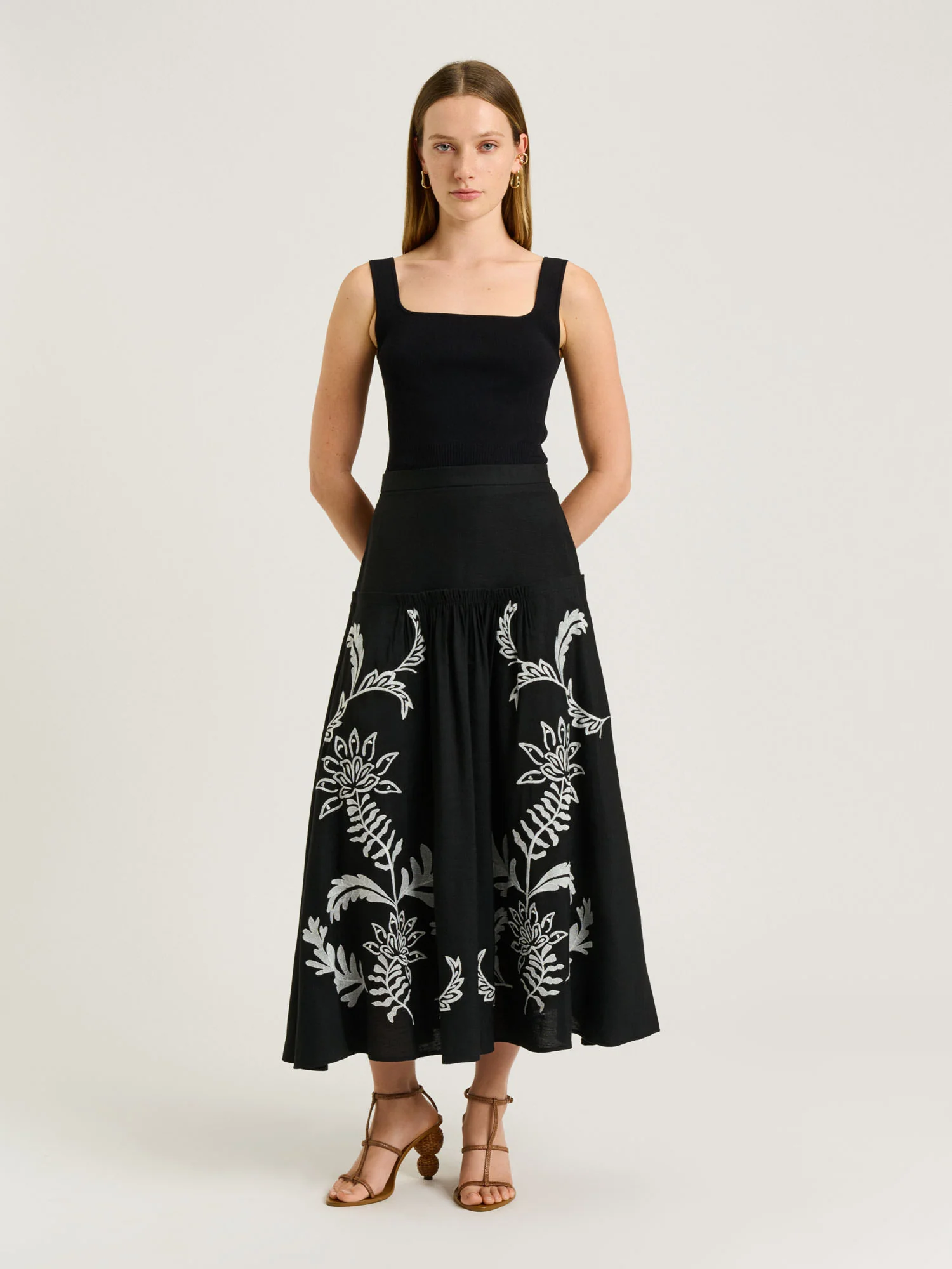 FILIGREE FOLIAGE EMBROIDERED MIDI SKIRT