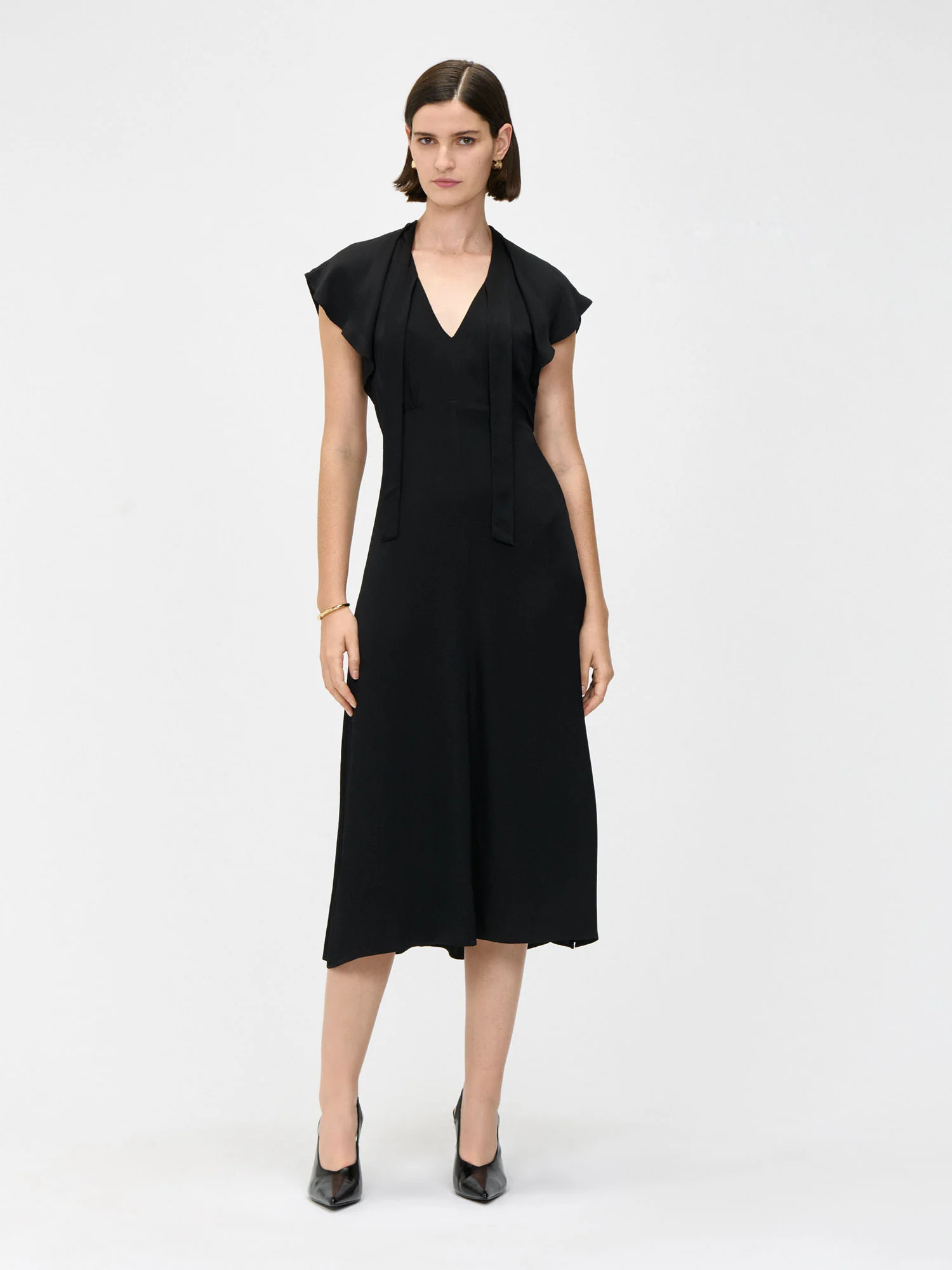 HAMMERED SATIN DRAPED NECK MIDI DRESS - Image 5