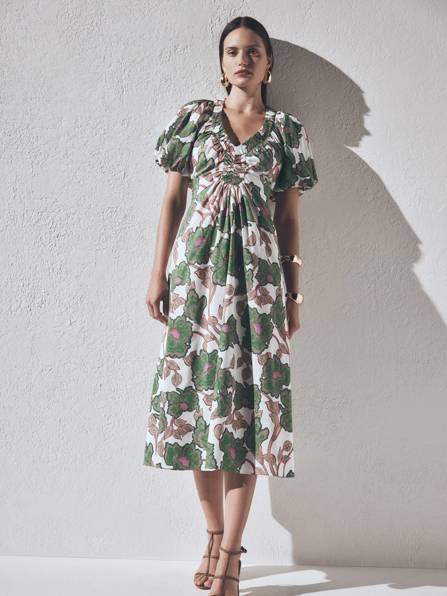 IVORY BATIK BLOOM GATHERED V NECK DRESS - Image 6
