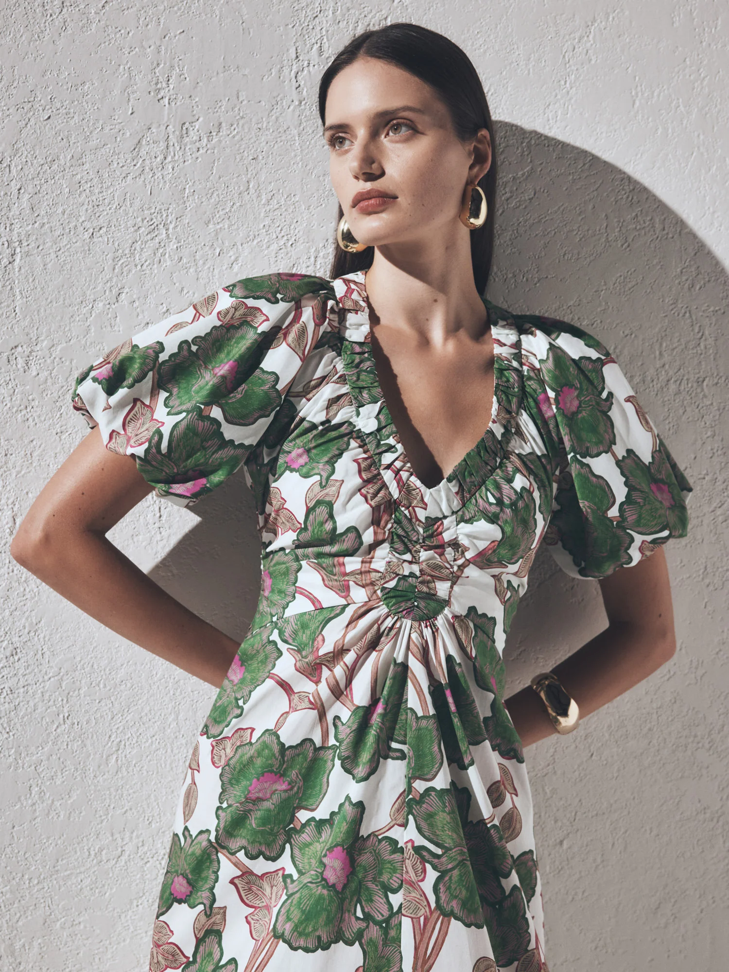 IVORY BATIK BLOOM GATHERED V NECK DRESS - Image 7