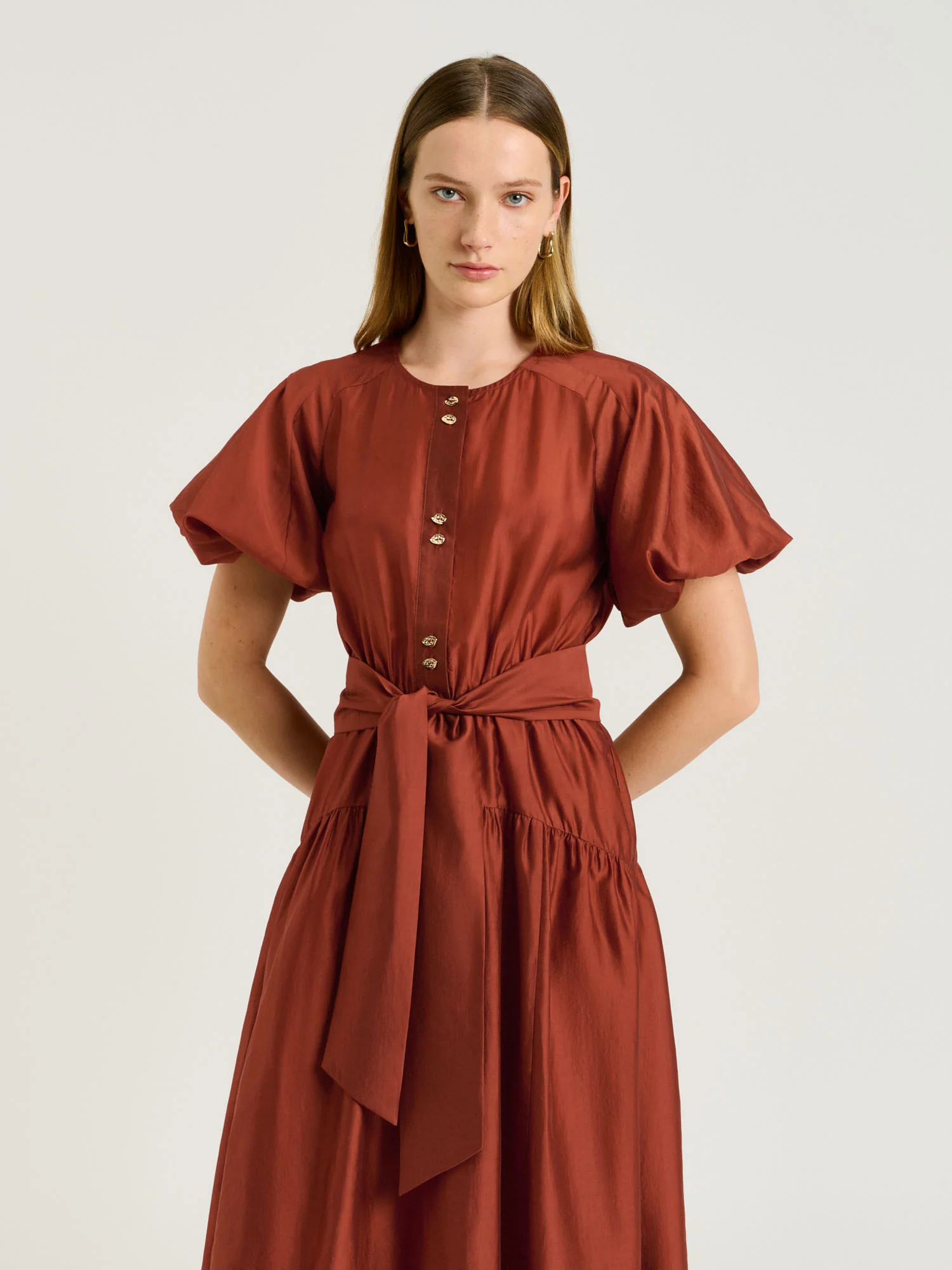 LIGHT LYOCELL BLEND BLOUSON SLEEVE MIDI DRESS - Image 2