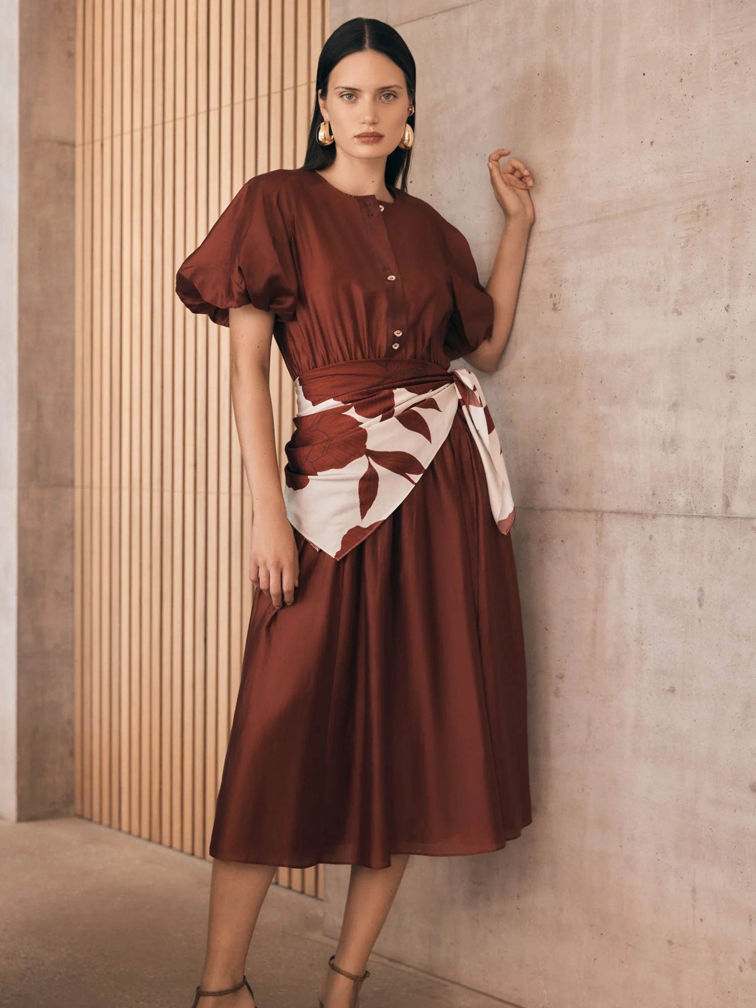 LIGHT LYOCELL BLEND BLOUSON SLEEVE MIDI DRESS - Image 6