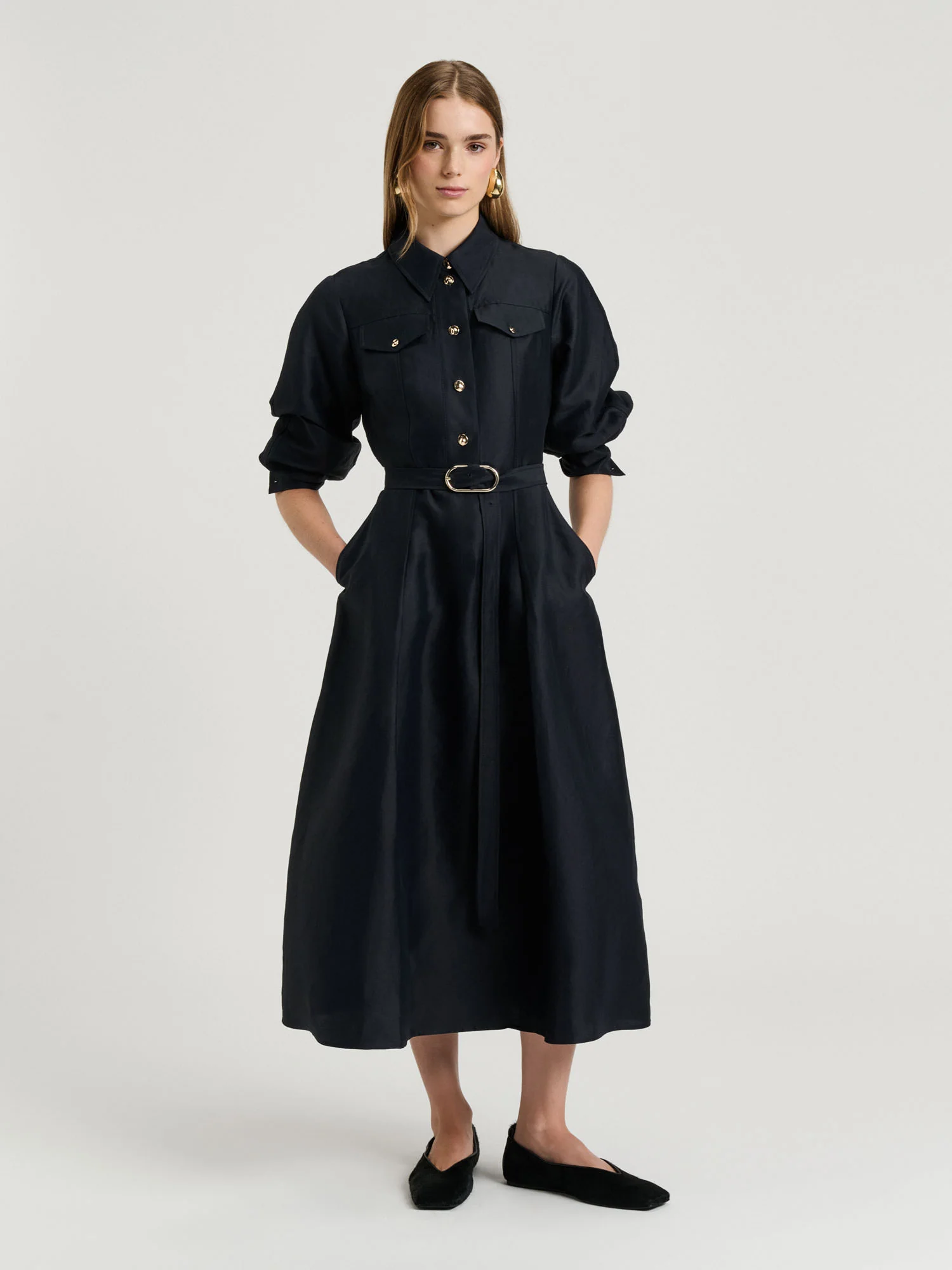 LINEN VISCOSE BLEND BELTED MIDI DRESS - Image 5