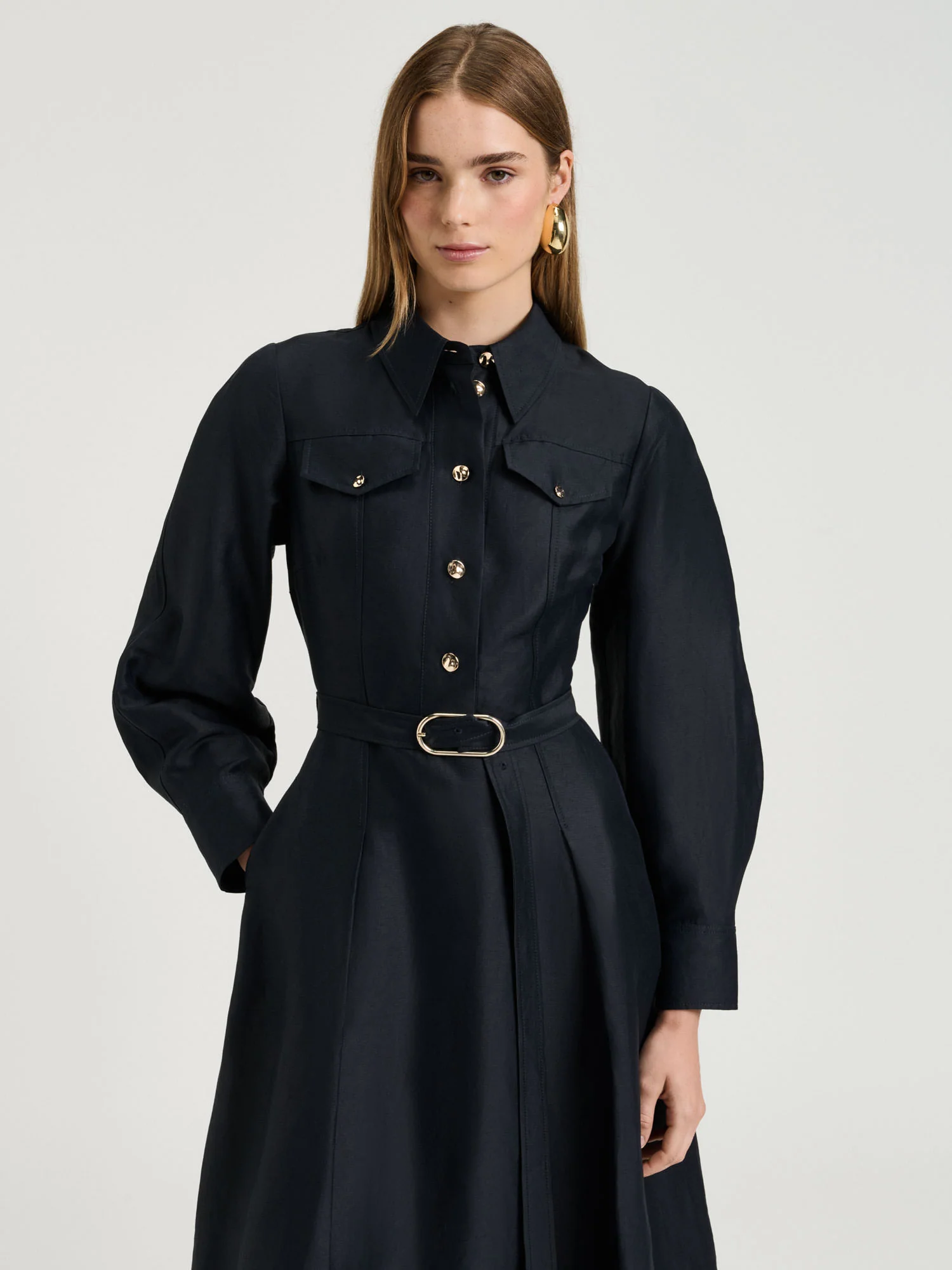 LINEN VISCOSE BLEND BELTED MIDI DRESS - Image 6