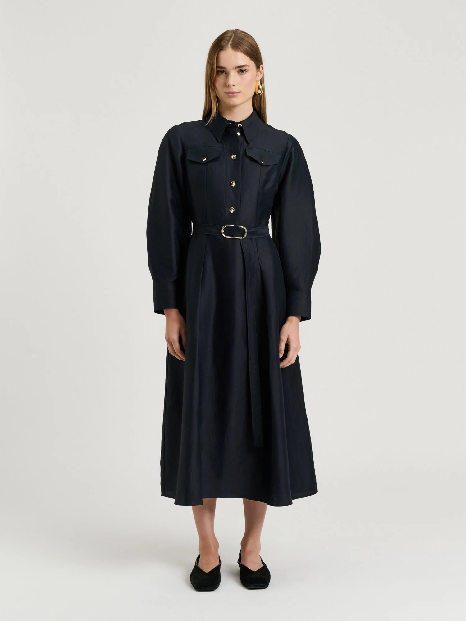 LINEN VISCOSE BLEND BELTED MIDI DRESS - Image 9