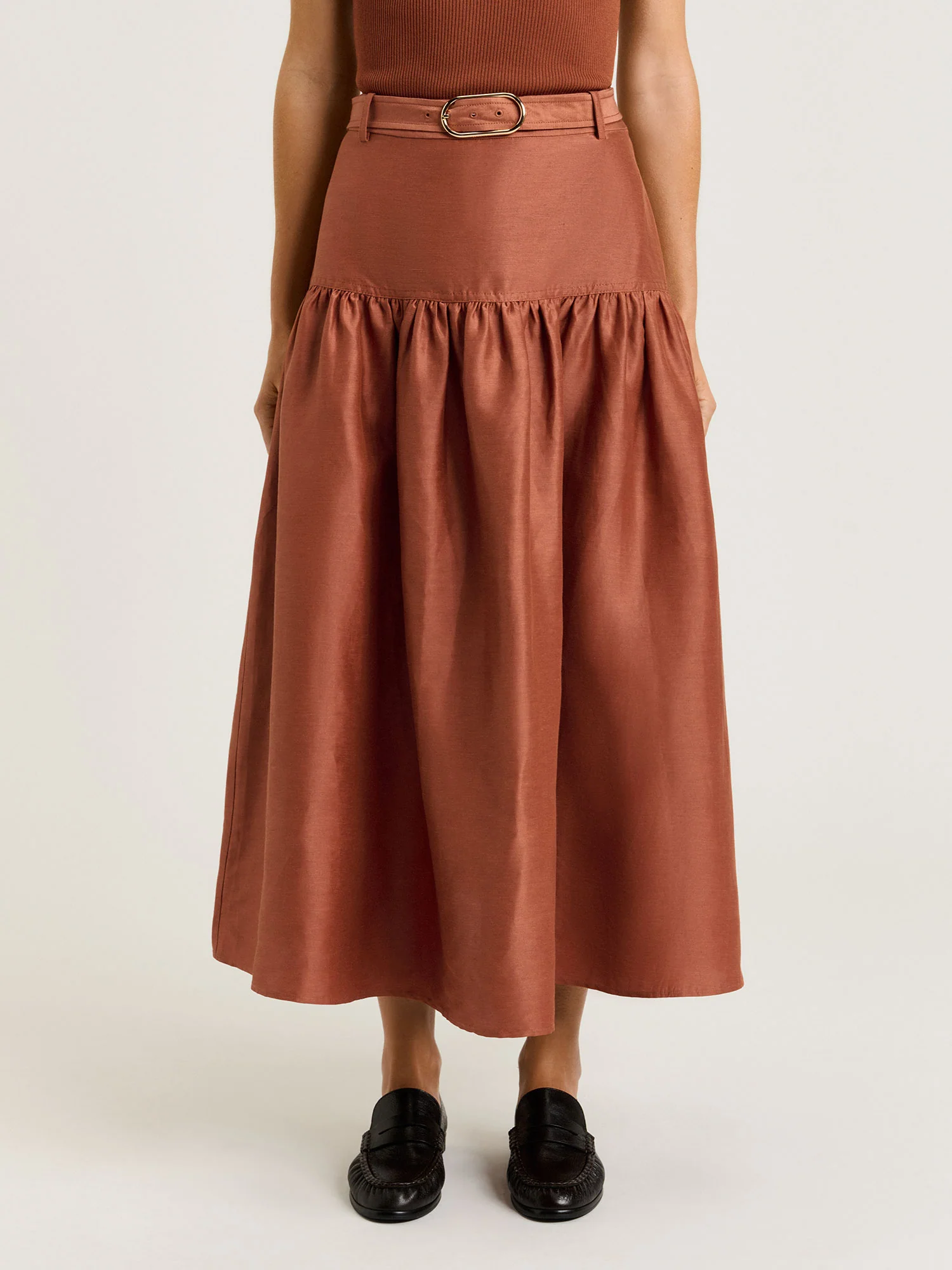 LINEN VISCOSE BLEND GATHERED MIDI SKIRT - Image 2