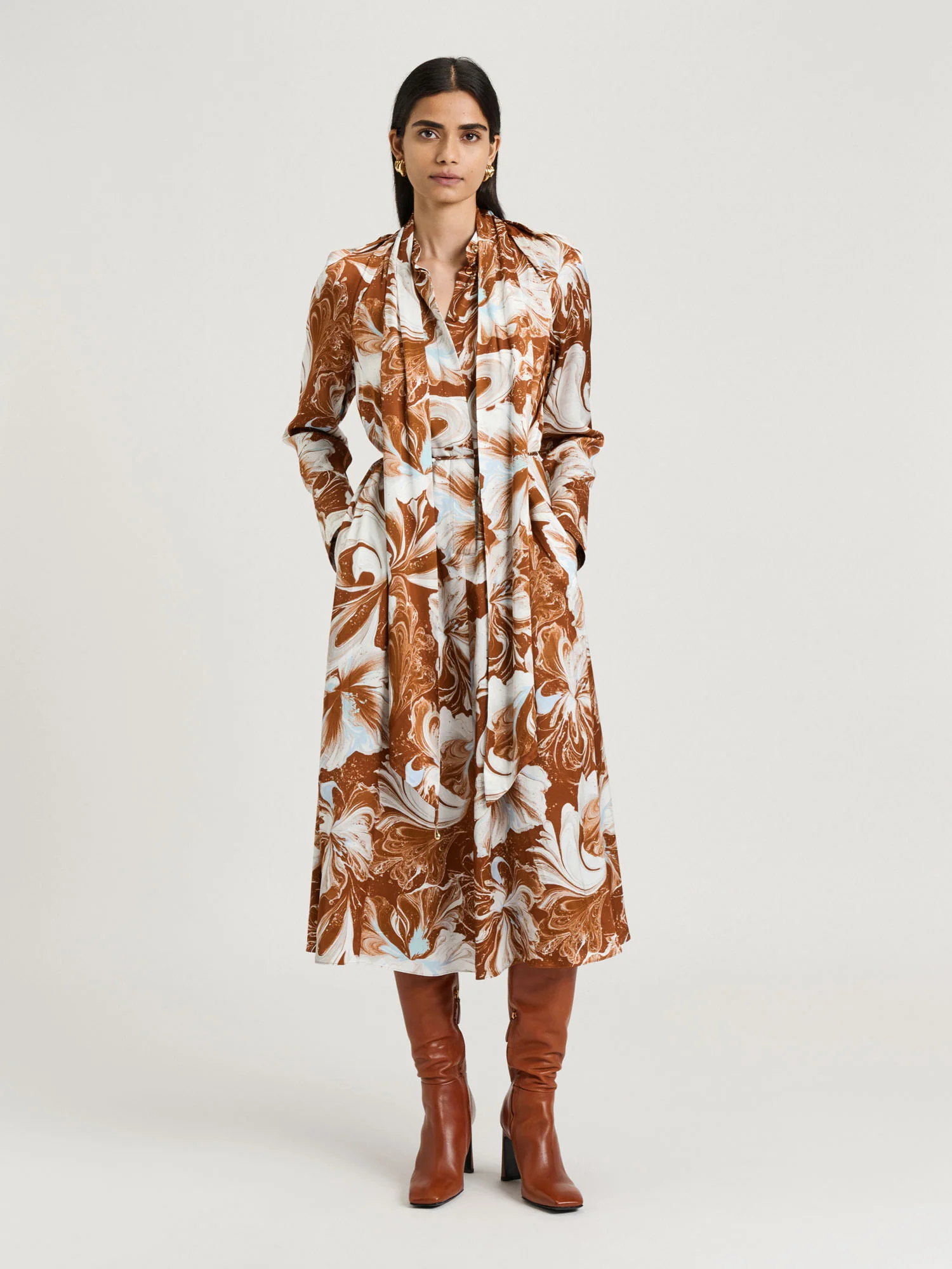 MARBLE FLORAL SATIN MIDI DRESS