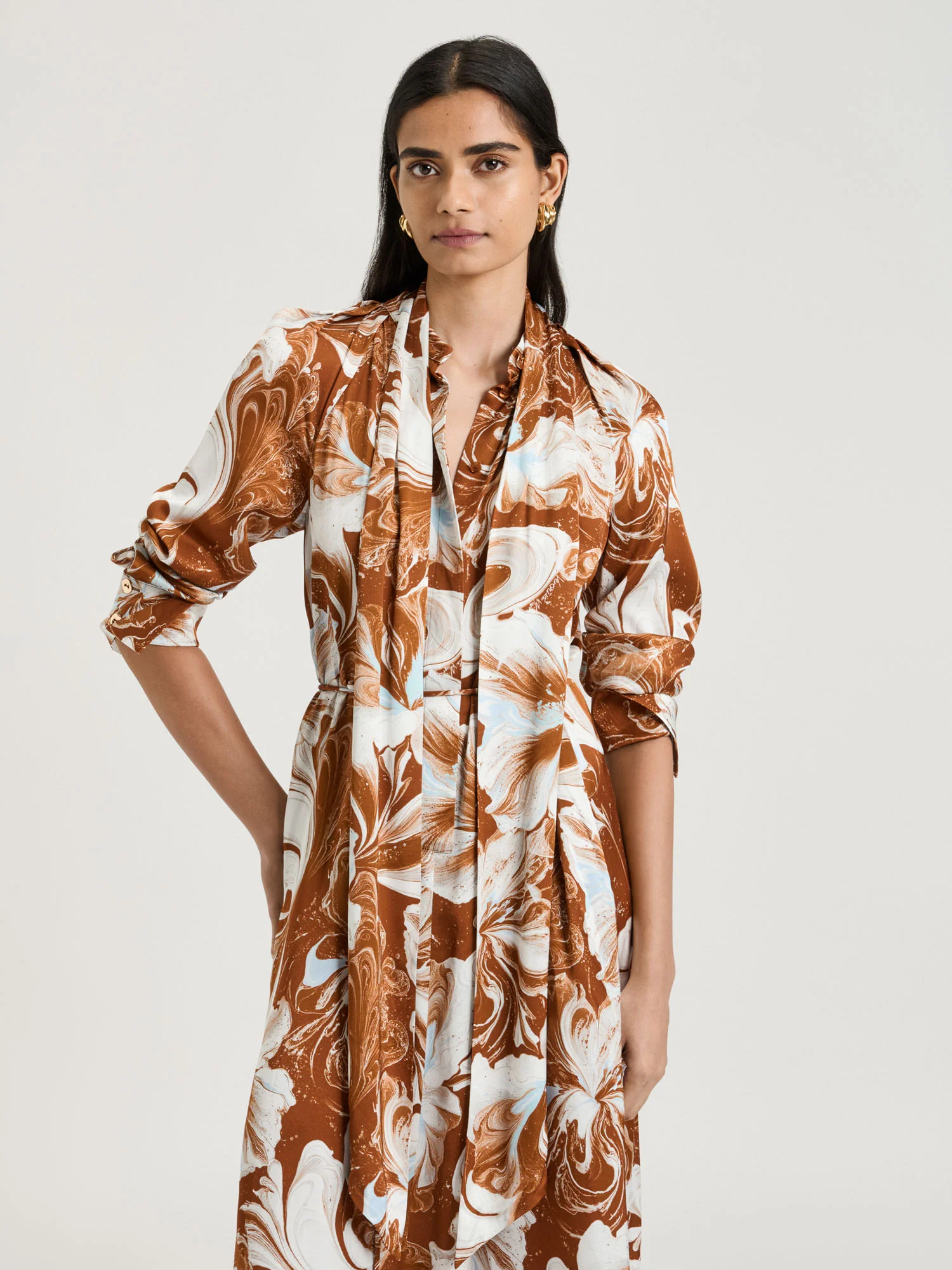 MARBLE FLORAL SATIN MIDI DRESS - Image 2