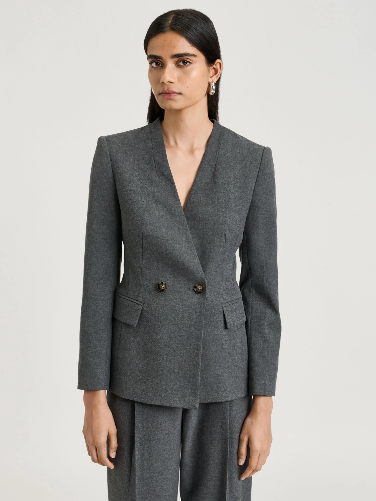 MELANGE SUITING COLLARLESS BLAZER