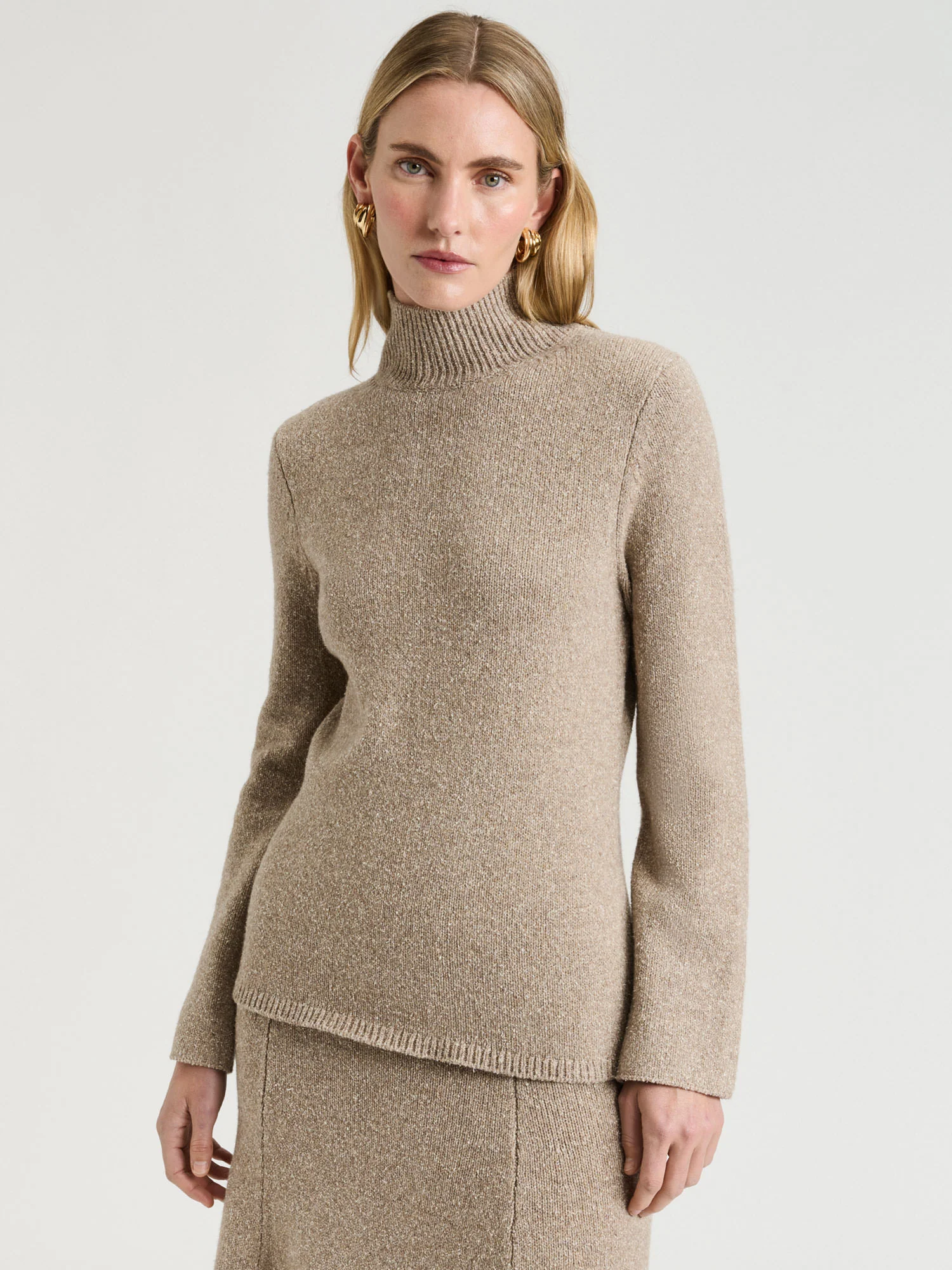 MERINO SILK BLEND TEXTURED FUNNEL NECK SWEATER