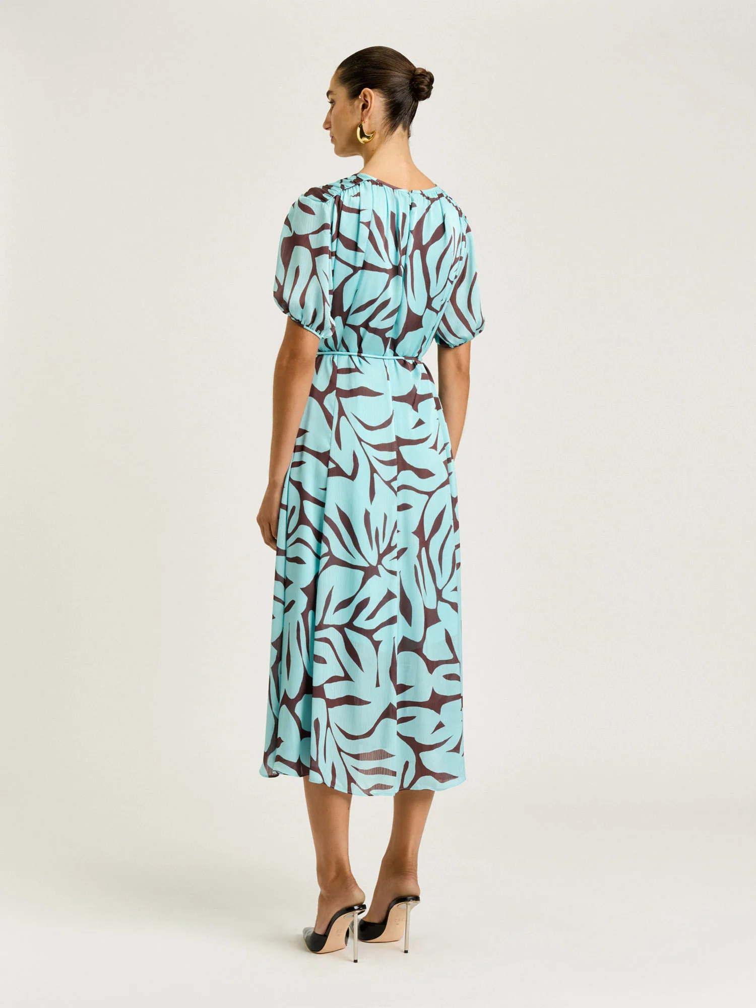 MINT FOLIAGE GEORGETTE GATHERED SLEEVE MIDI DRESS - Image 6