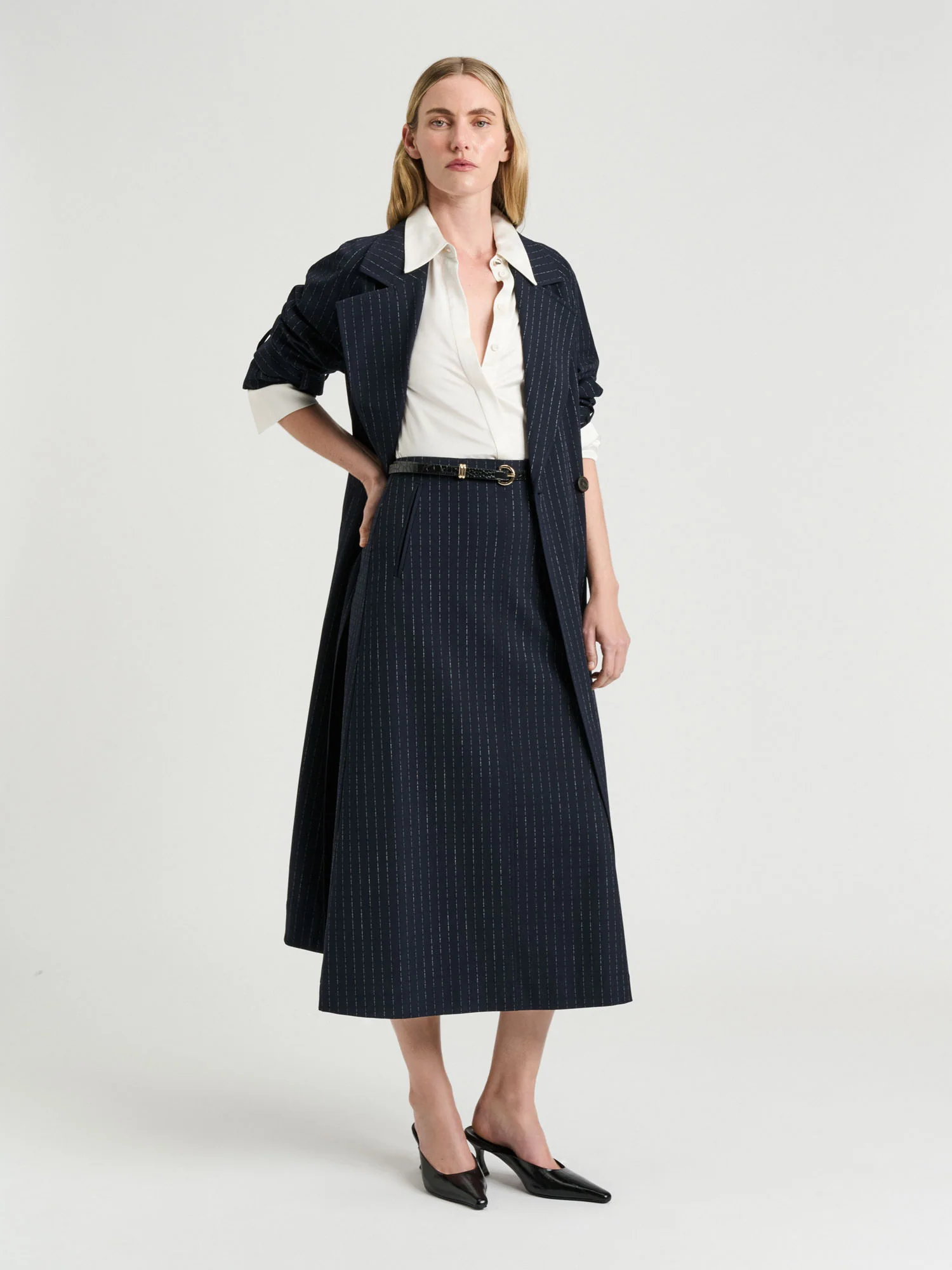 NAVY PINSTRIPE A LINE SKIRT