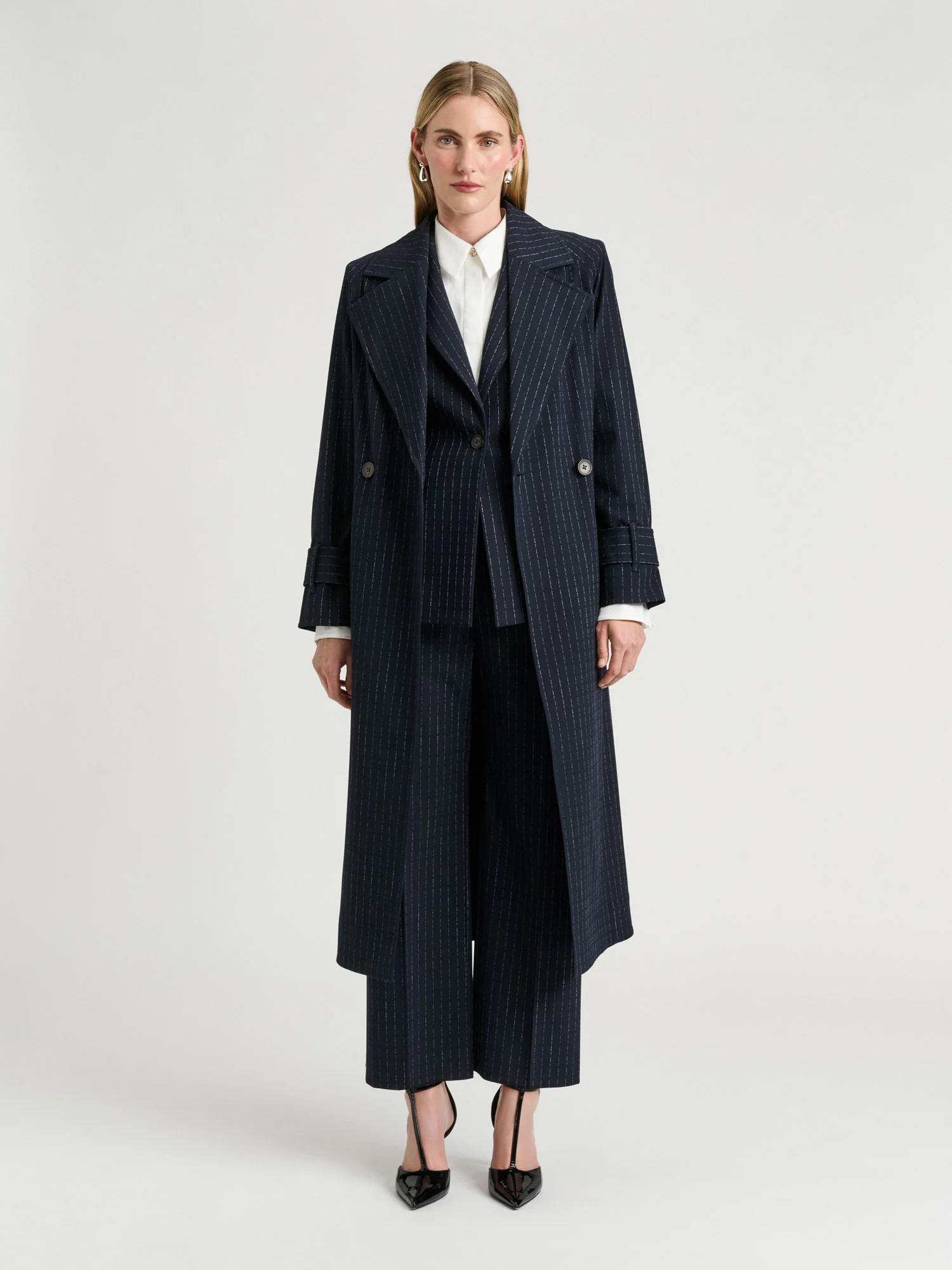 NAVY PINSTRIPE BELTED TRENCH