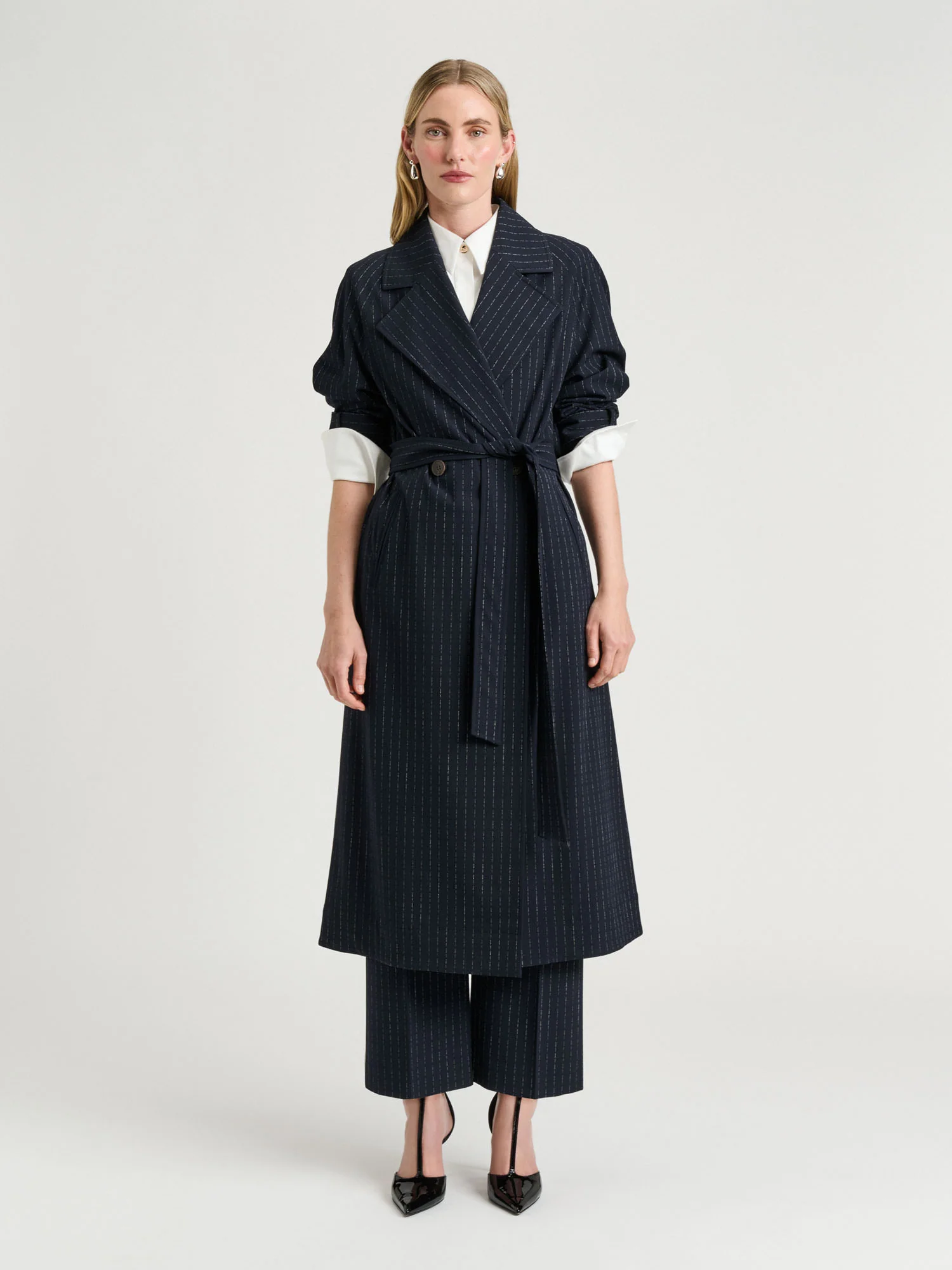 NAVY PINSTRIPE BELTED TRENCH - Image 2