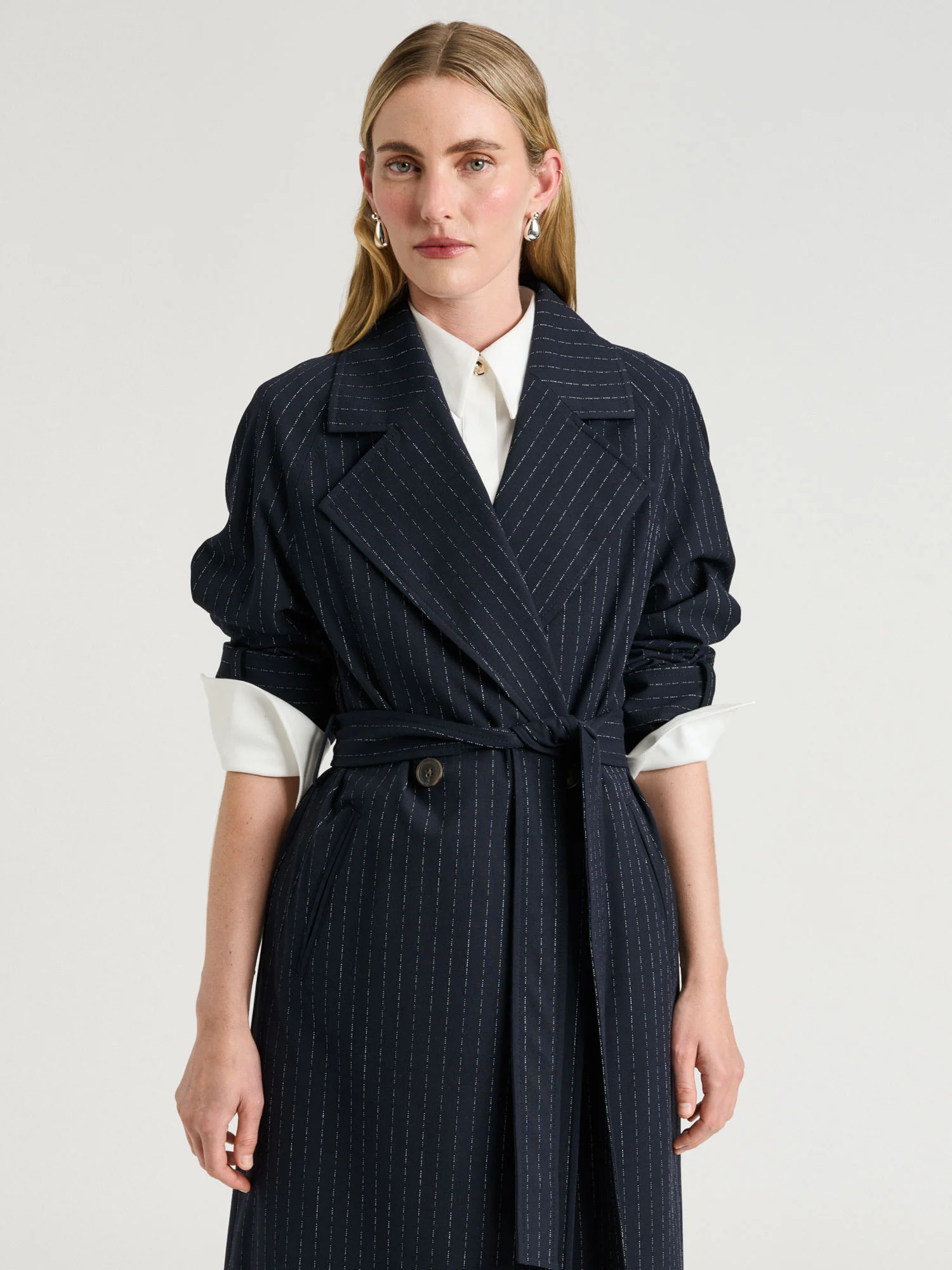 NAVY PINSTRIPE BELTED TRENCH - Image 3