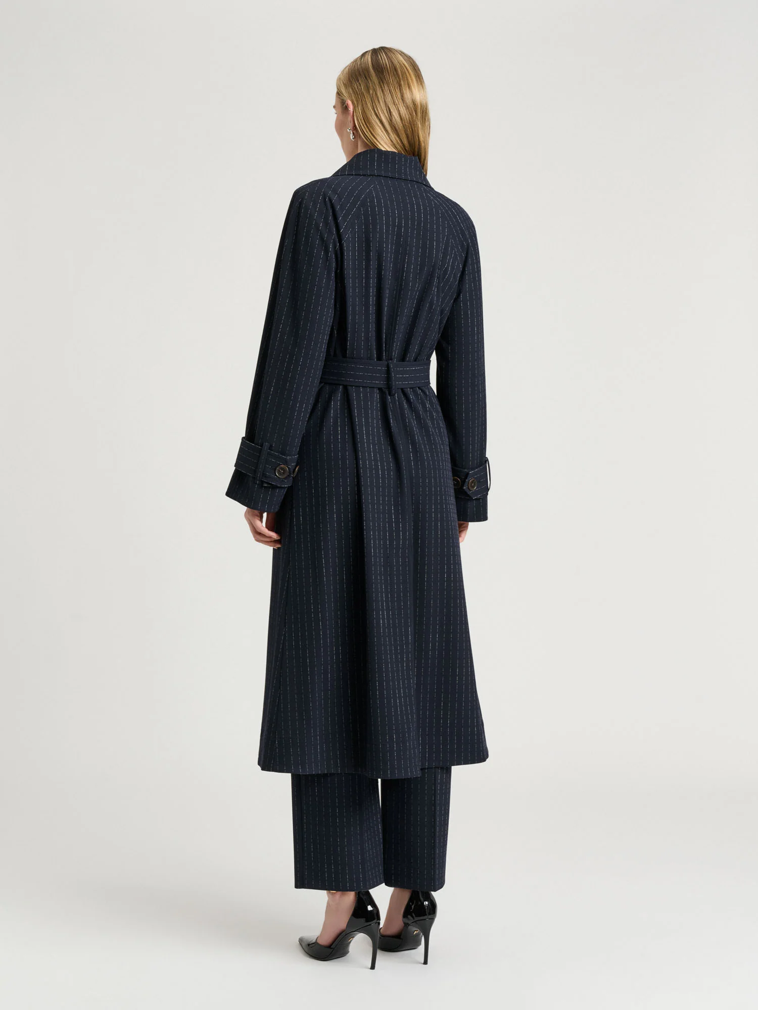 NAVY PINSTRIPE BELTED TRENCH - Image 5