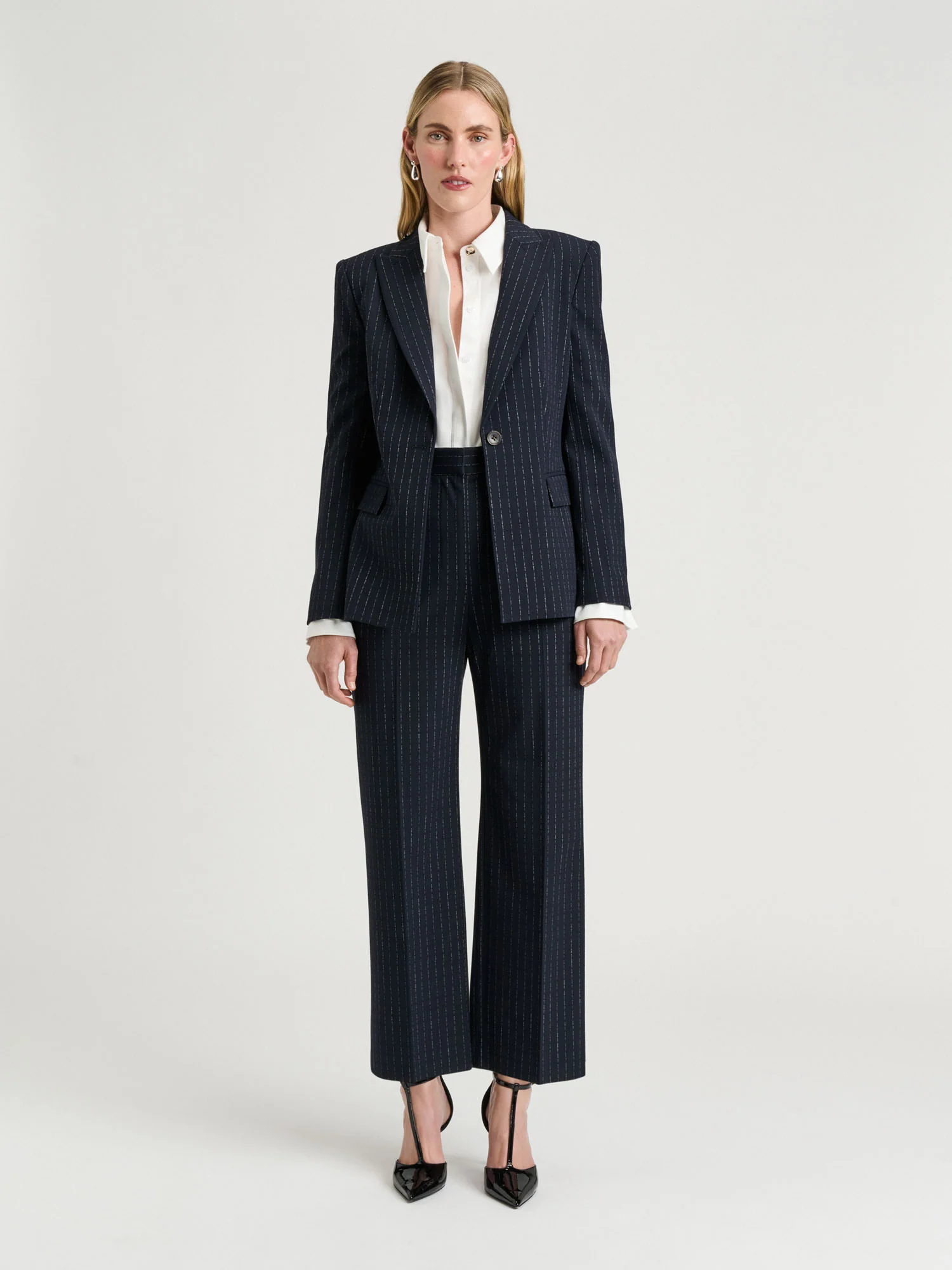 NAVY PINSTRIPE FITTED BLAZER - Image 2