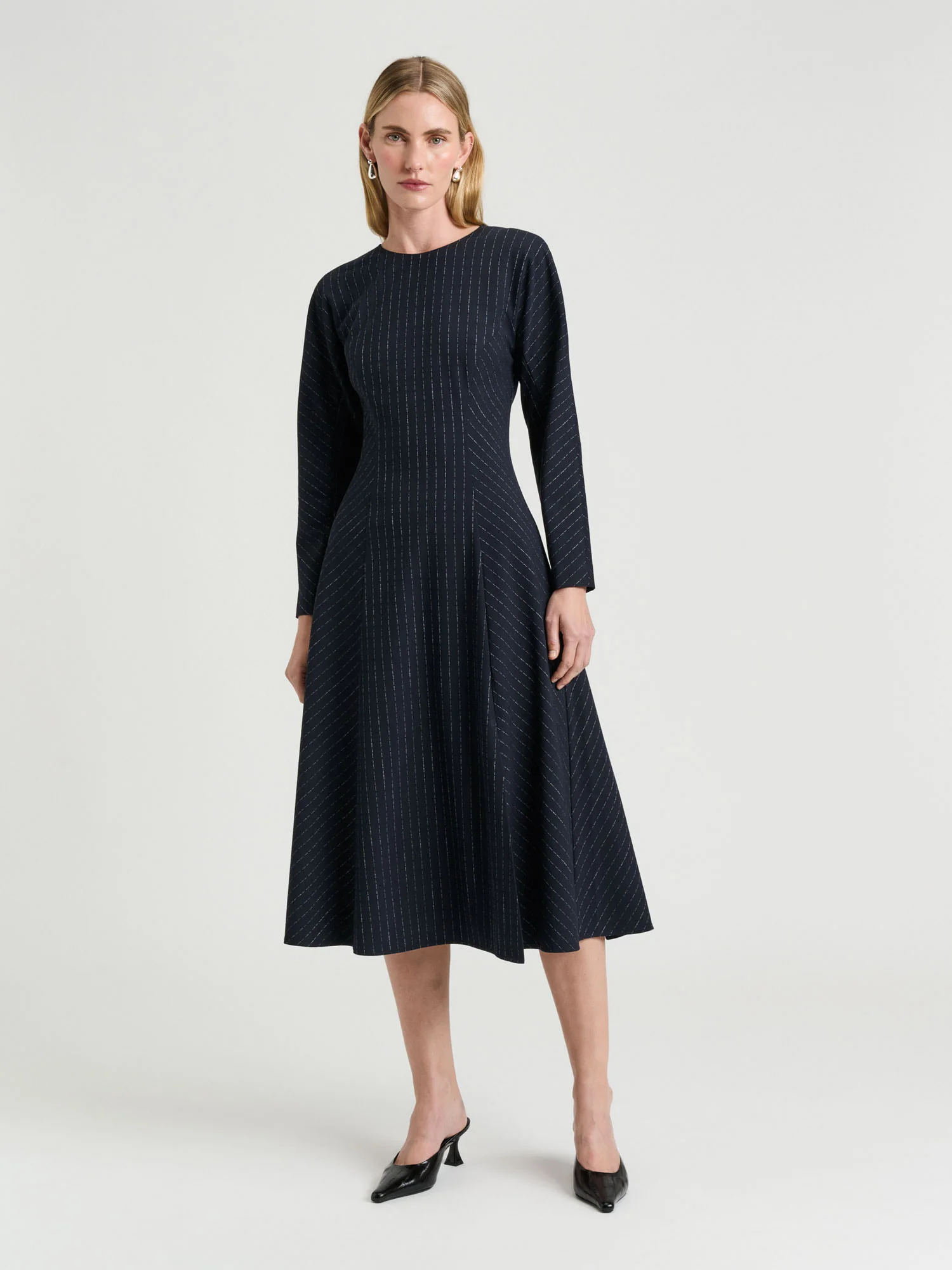 NAVY PINSTRIPE PANELLED MIDI DRESS