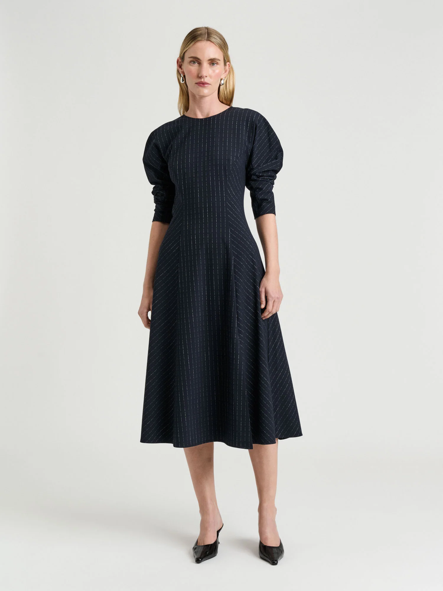 NAVY PINSTRIPE PANELLED MIDI DRESS - Image 2
