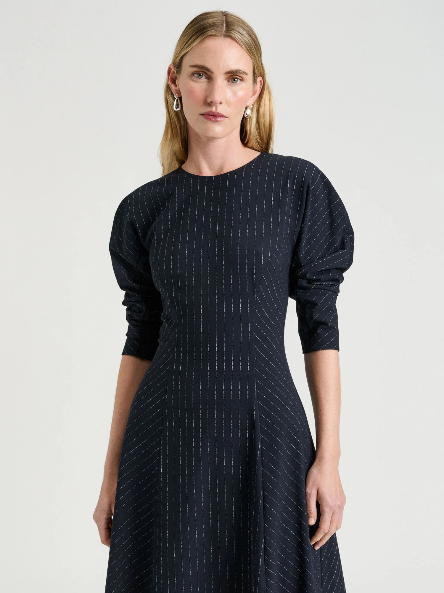 NAVY PINSTRIPE PANELLED MIDI DRESS - Image 3