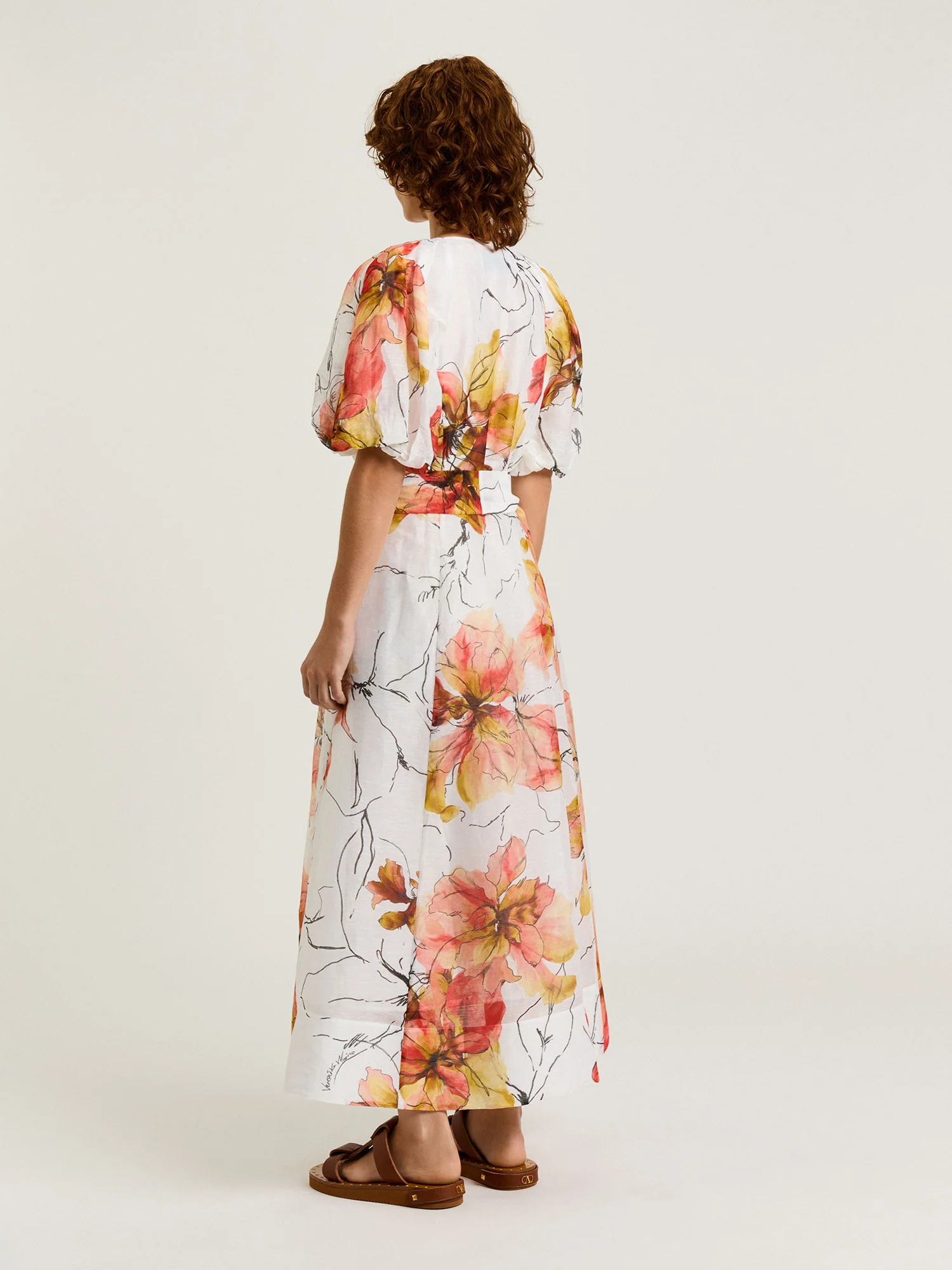 PAINTED FLORAL LINEN SILK BLOUSON SLEEVE MIDI DRESS - Image 4