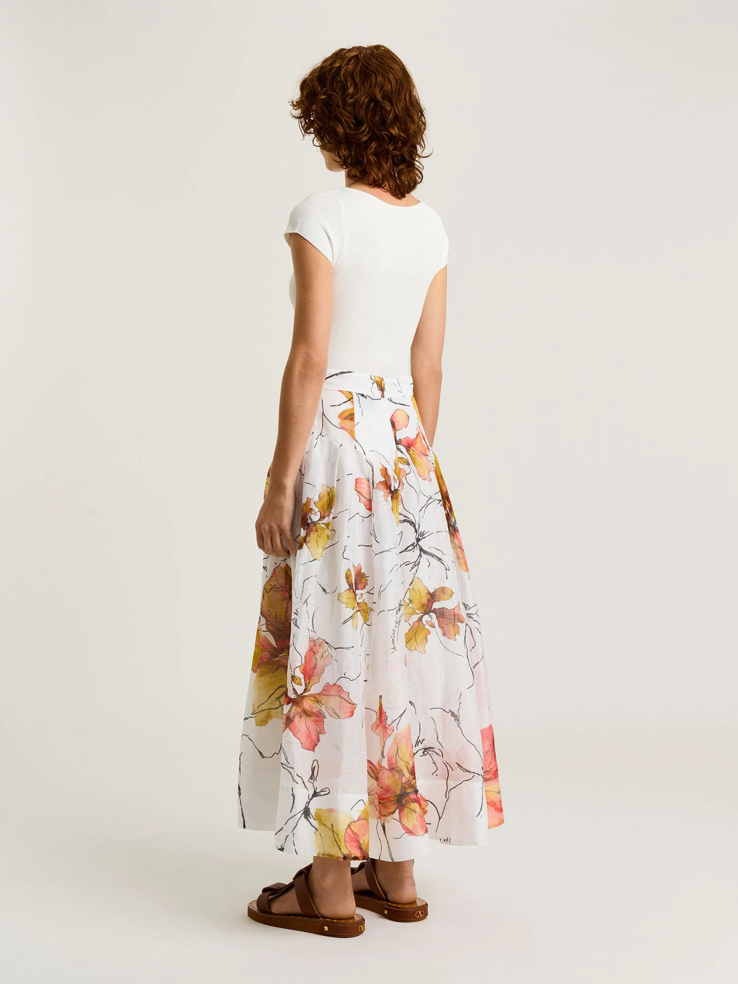 PAINTED FLORAL LINEN SILK MIDI SKIRT - Image 3