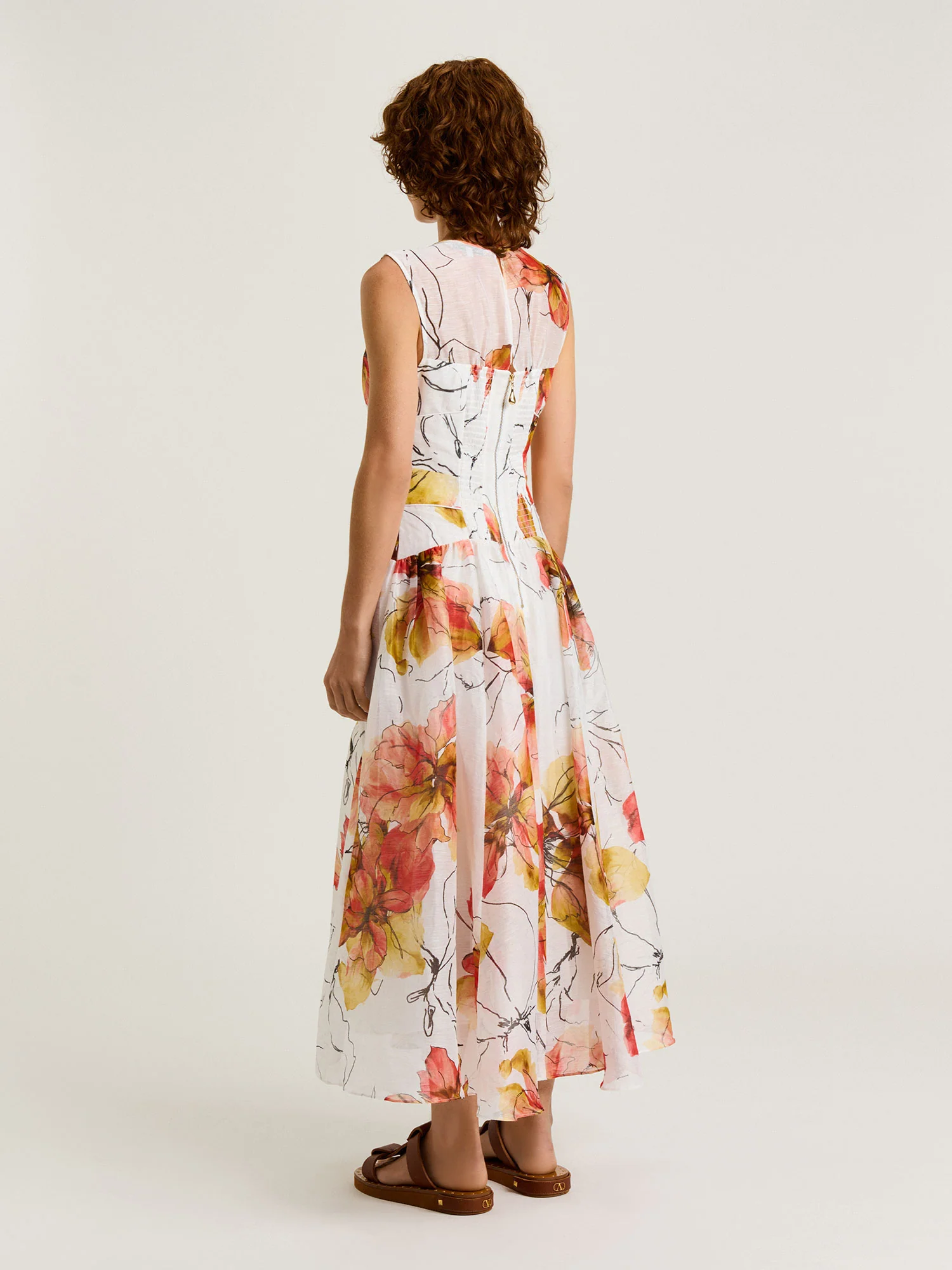 PAINTED FLORAL LINEN SILK SLEEVELESS MIDI DRESS - Image 4