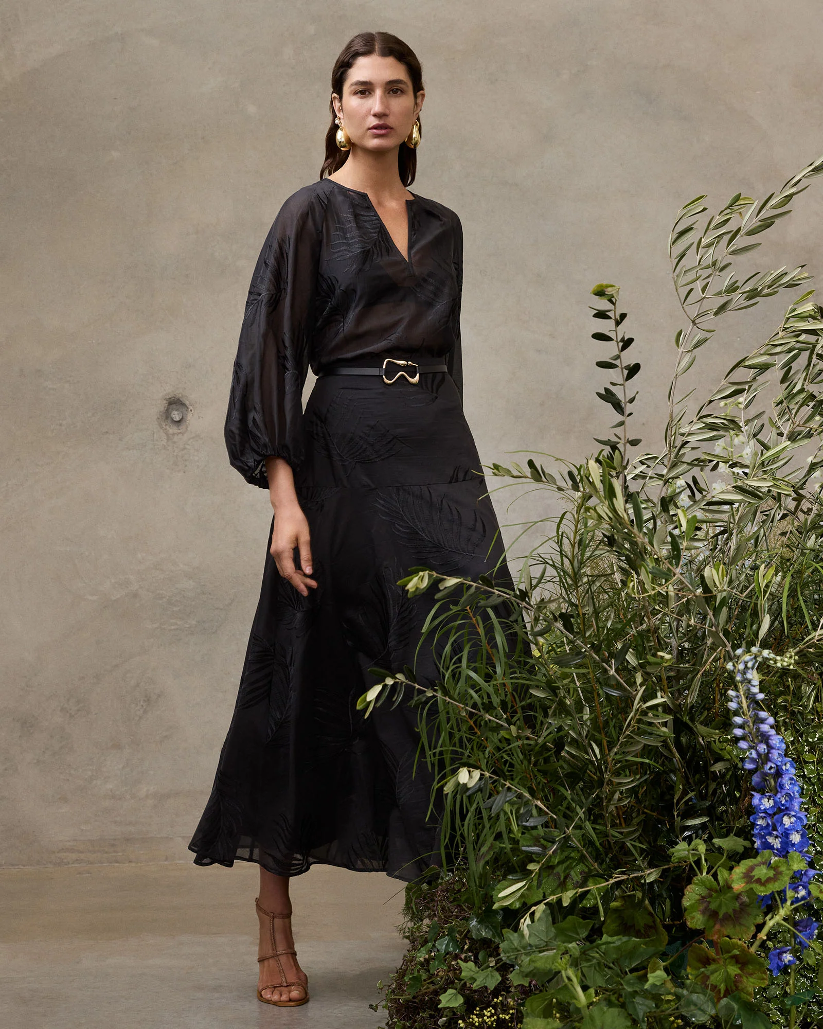 PALM EMBROIDERY A LINE MIDI SKIRT - Image 4