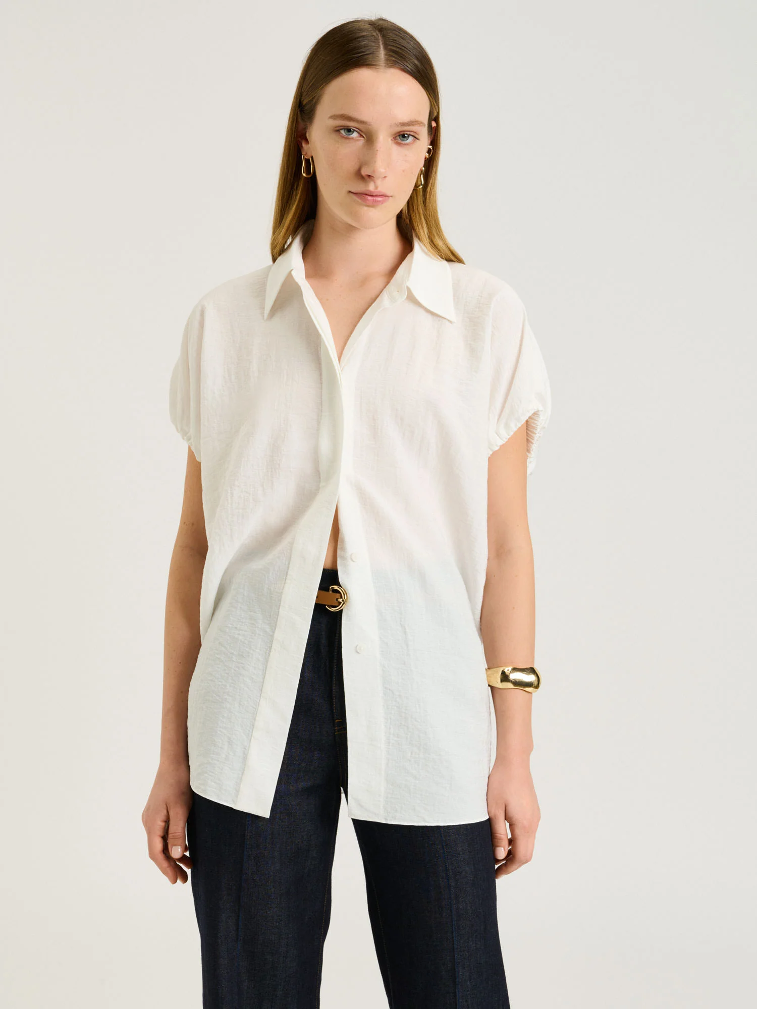 RAYON BLEND GATHERED SLEEVE SHIRT - Image 3