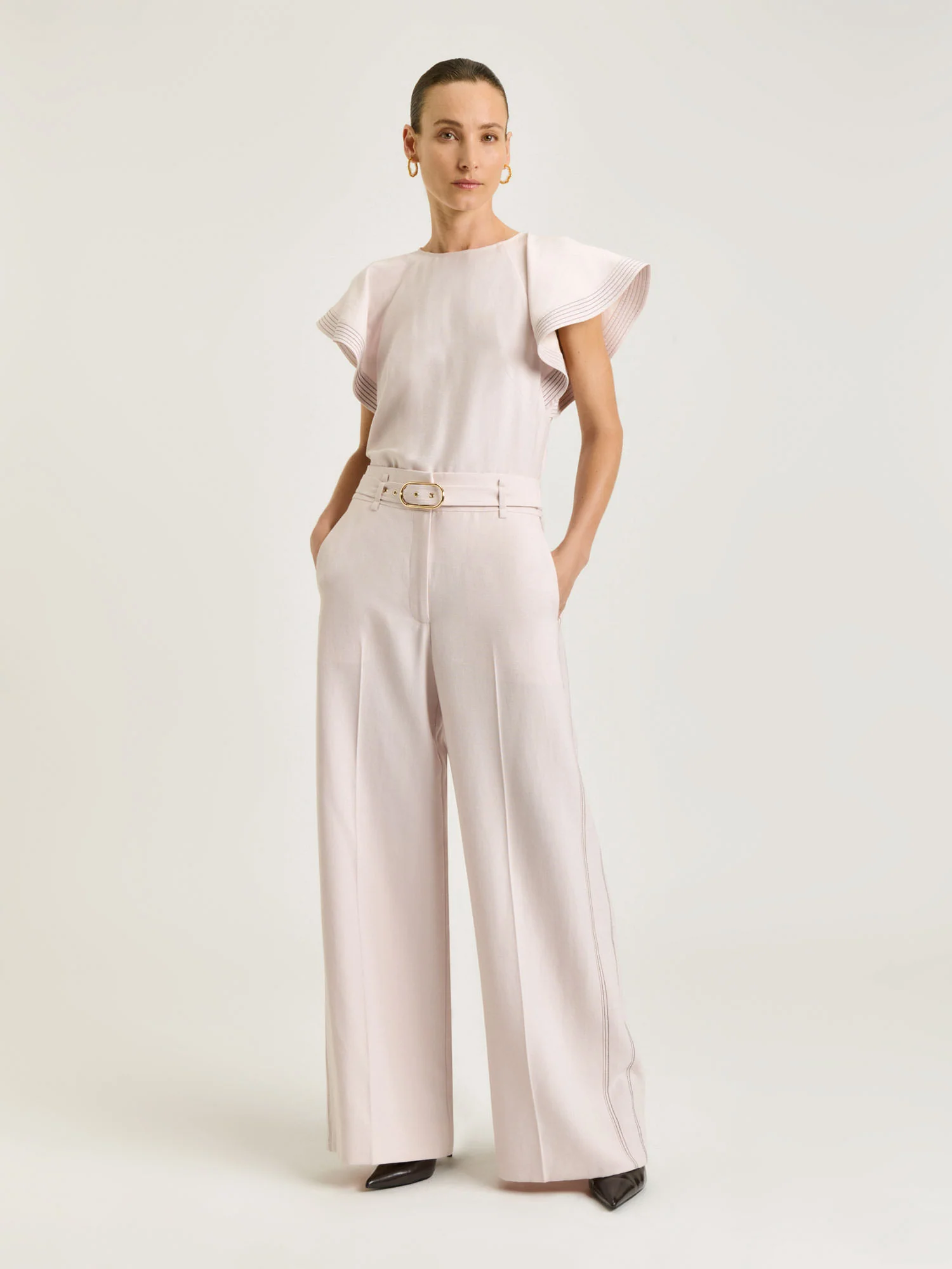 SATIN BACK FAILLE BELTED TUXEDO STRIPE PANT - Image 5