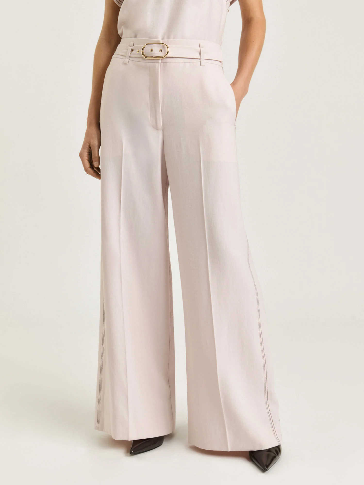 SATIN BACK FAILLE BELTED TUXEDO STRIPE PANT - Image 6