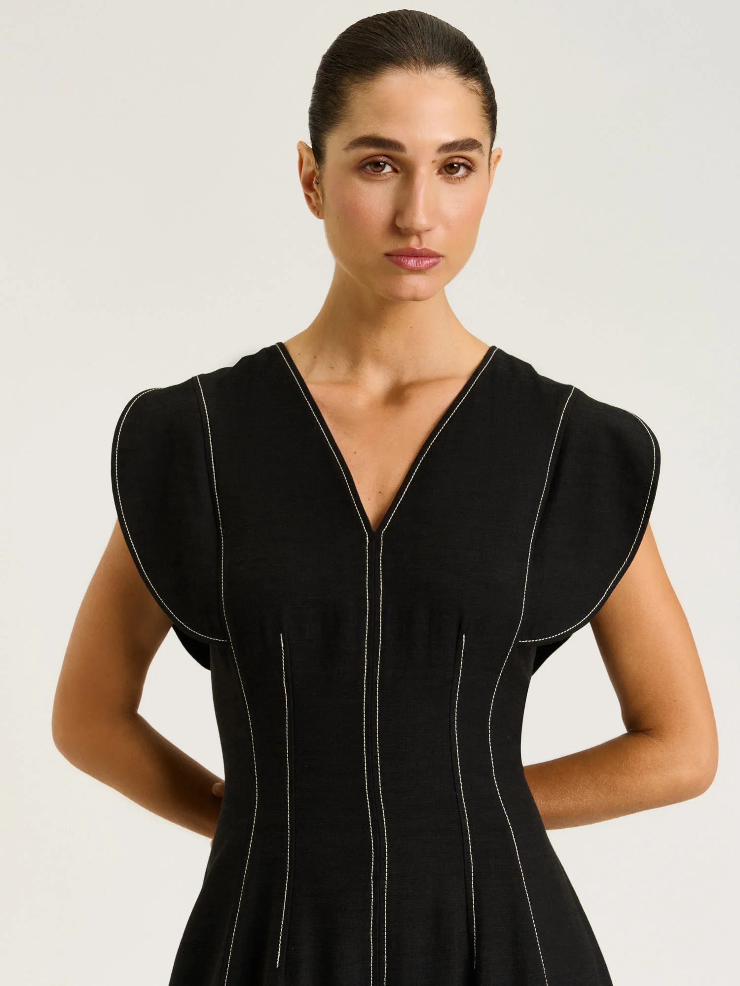SATIN BACK FAILLE V-NECK PANELLED MIDI DRESS - Image 3