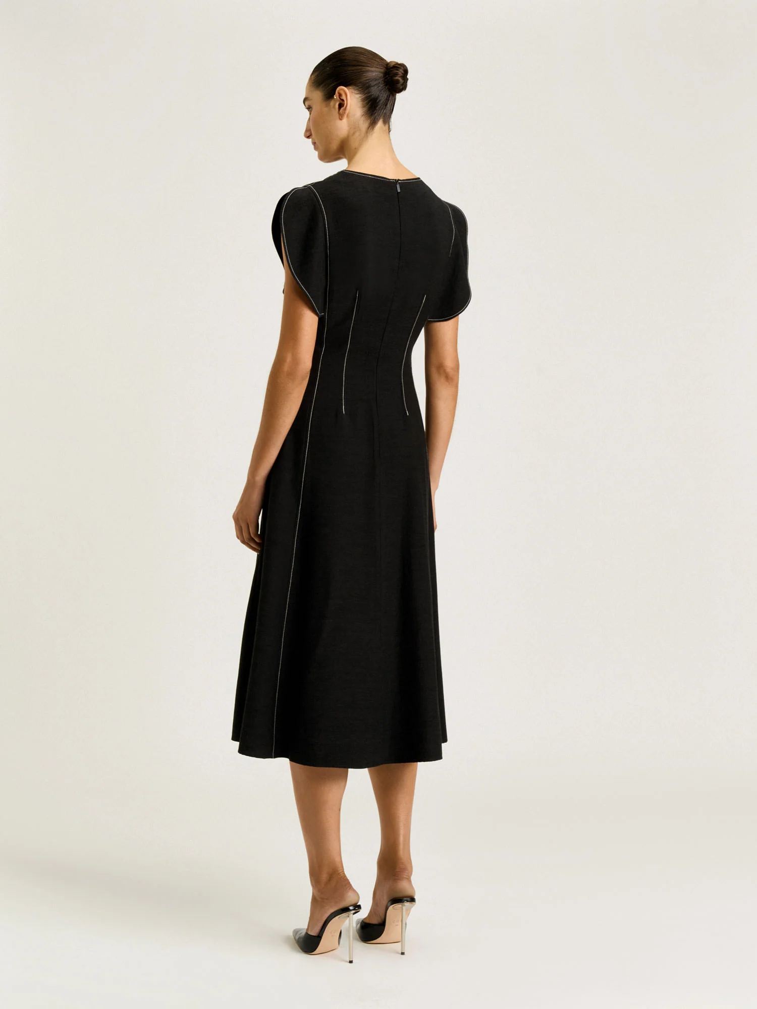 SATIN BACK FAILLE V-NECK PANELLED MIDI DRESS - Image 7